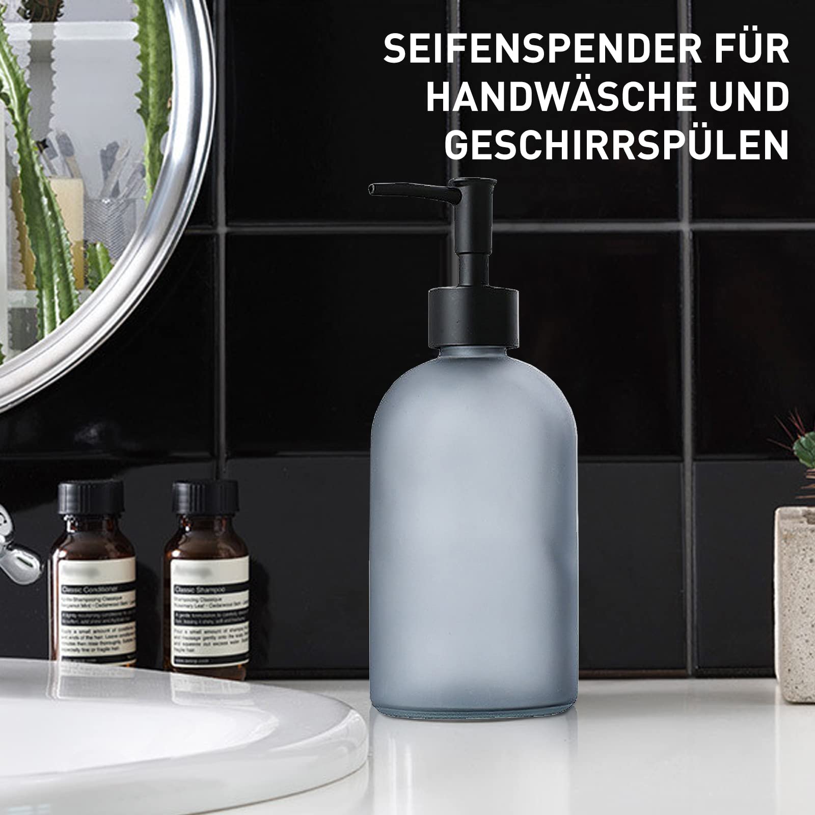 2-Pack Frosted Grey Glass Soap Dispenser - 14oz Refillable Bathroom Soap Dispenser for Hand Soap, Dish Soap & Essential Oils | Elegant Countertop Decor for Kitchen, Bathroom & Vanity