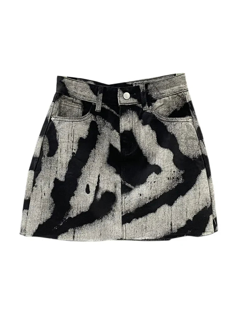 Trendy Women's High Waist A-Line Denim Skirt - Contrast Color Print & Distressed Details | Loose Fit Streetwear Fashion | Summer Casual Outfit for Parties, Dating & Daily Wear | Style 17A2006H