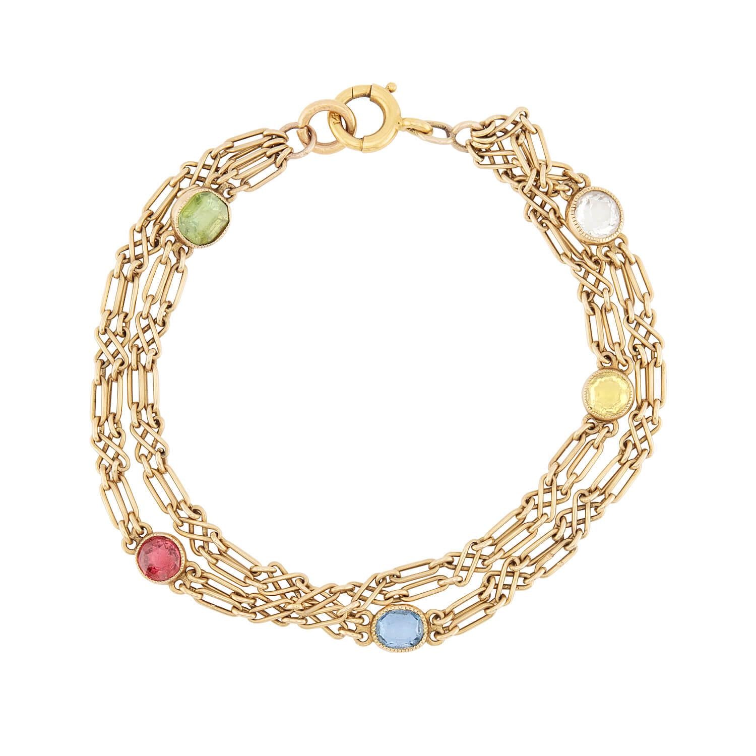 Art Nouveau 15k Gold Multi-Stone Bracelet for Women - Vintage Floral Beaded Jewelry Gift for Anniversary, Wedding & Special Occasions