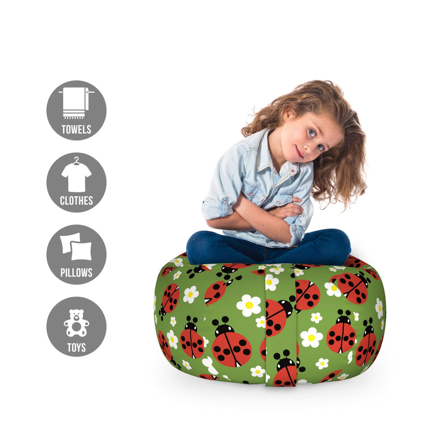 Lunarable Floral Ladybug Toy Storage Bag Chair - Washable Stuffed Animal Organizer with Spring Flower Daisy Design, Small Multicolor for Kids' Room & Playroom Organization