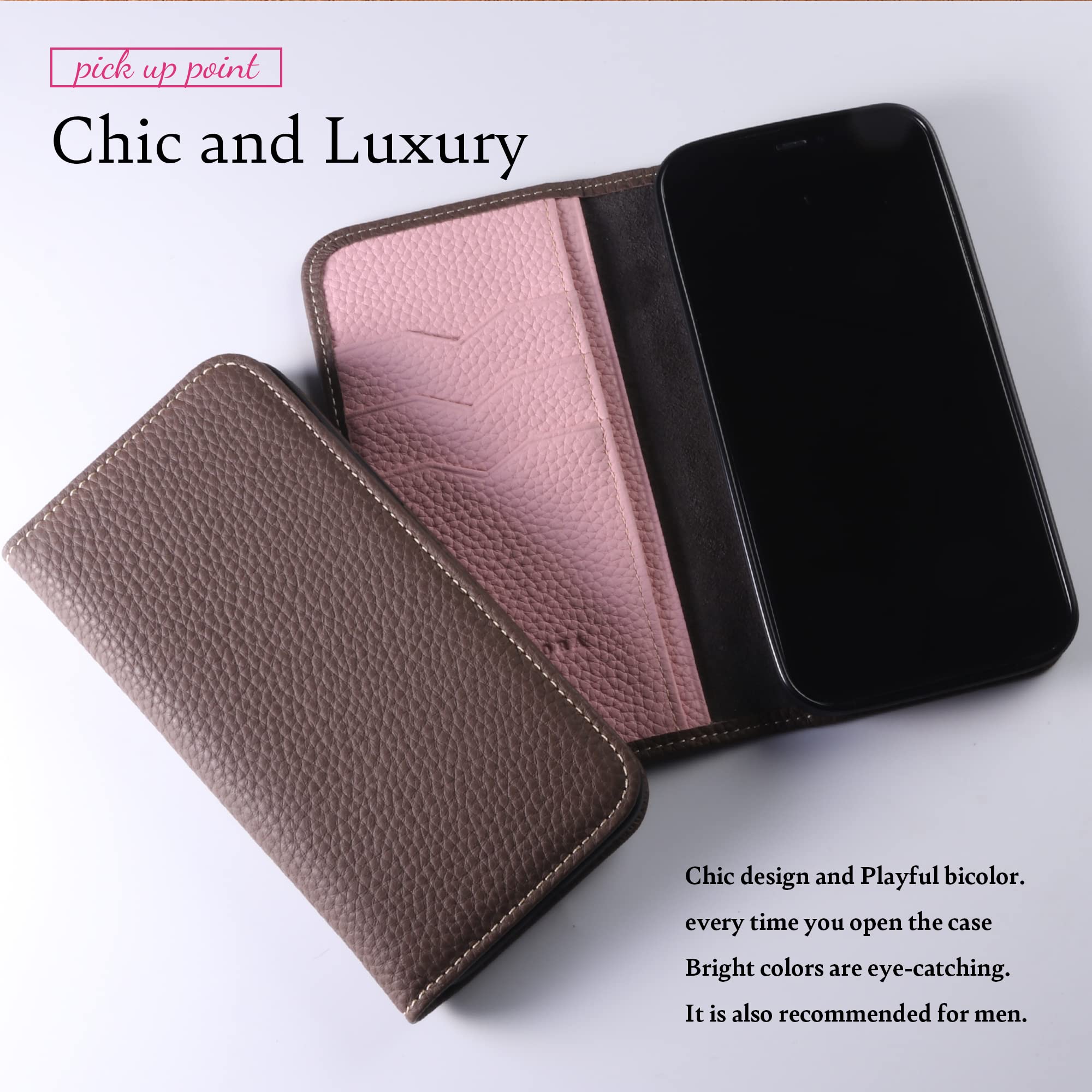 Genuine Calfskin Leather Wallet Case for iPhone 12/12 Pro with Magsafe - Flip Cover with Card Slots & Phone Holder (Greige & Pink) - Perfect for Everyday Use, Travel, and Business Meetings