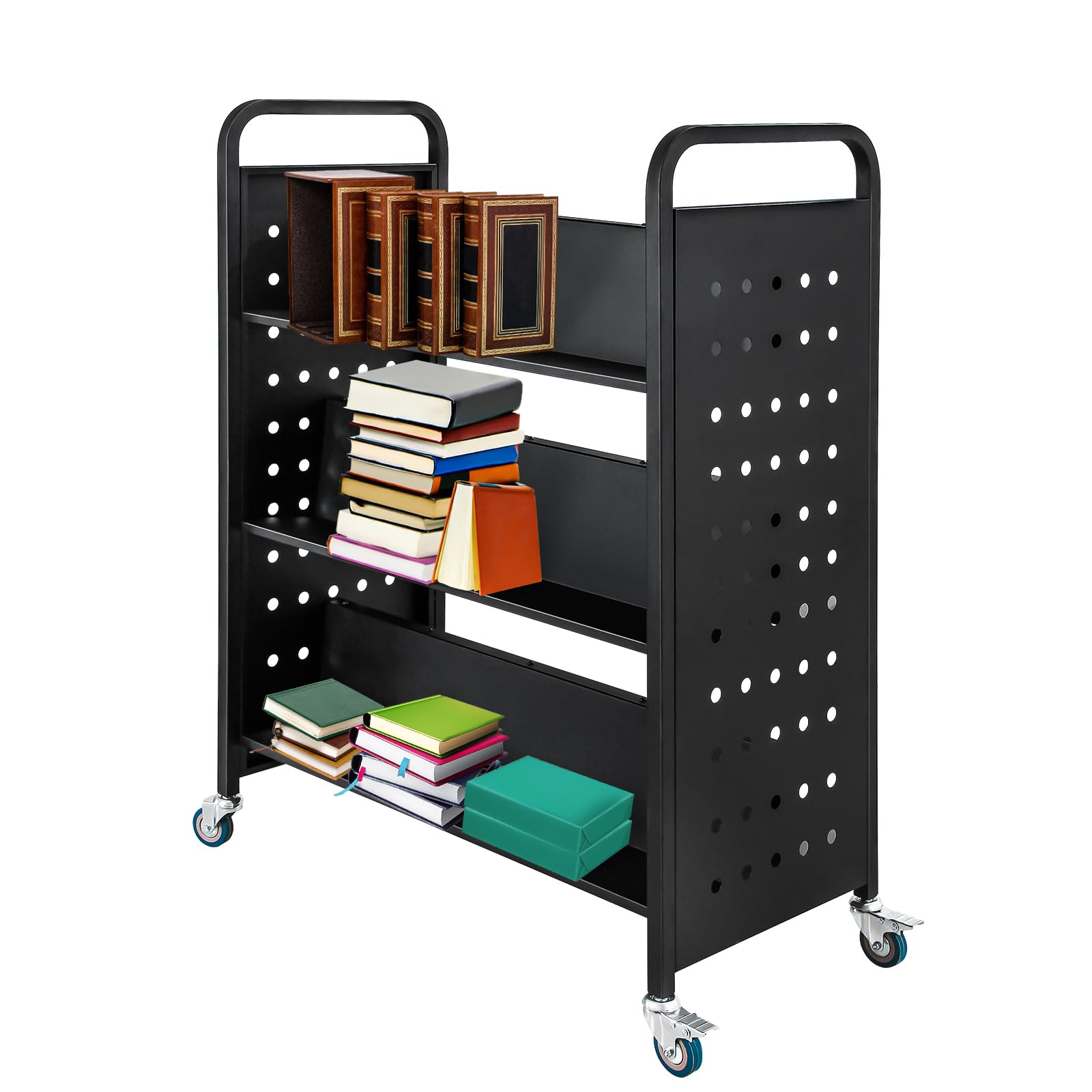 3-Shelf V-Shape Rolling Book Cart with 2 Lockable Wheels - Portable Library Cart for Home, Office & School - Ideal for Book Storage, Classroom Organization & Library Book Transportation (Black)