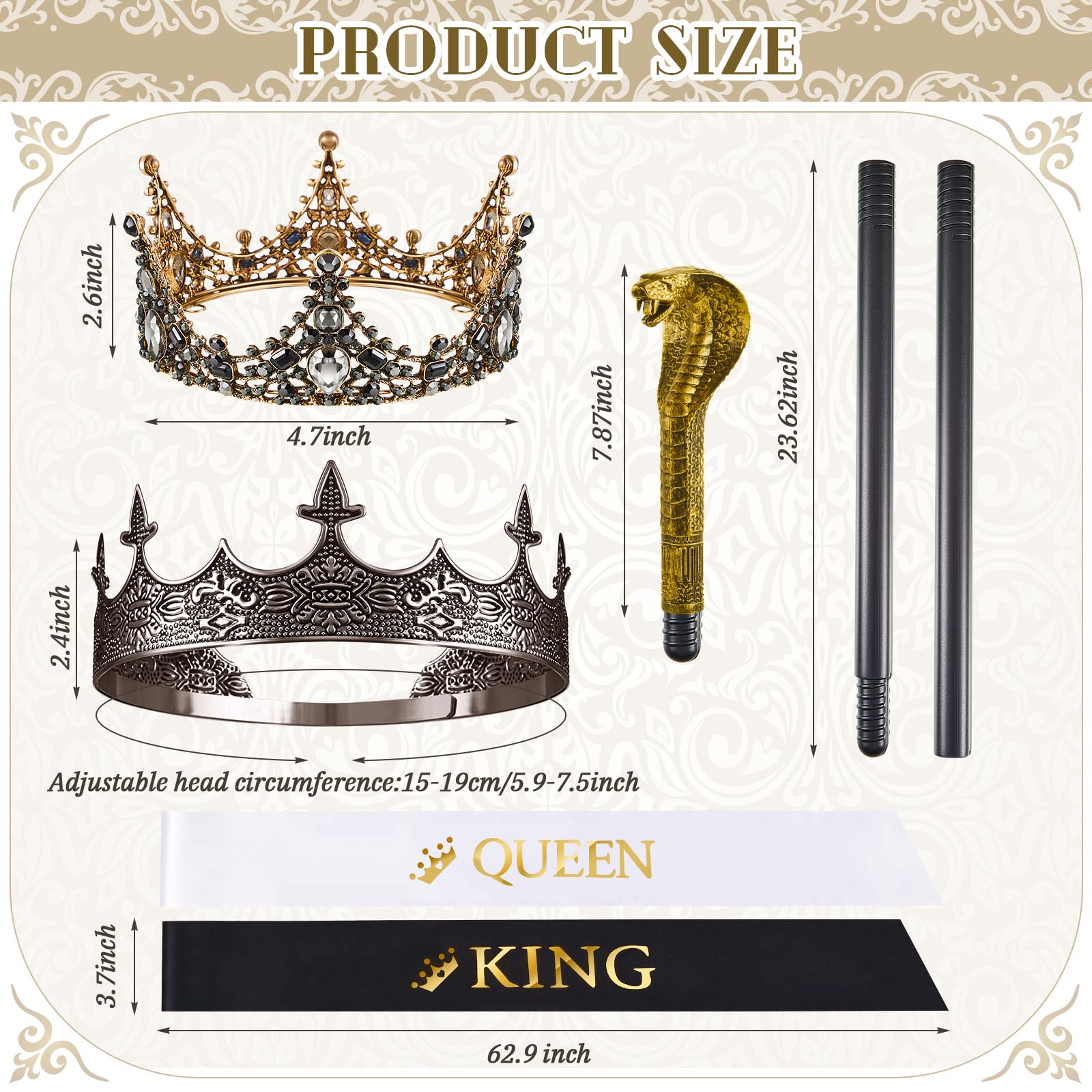 Zhanmai 6-Piece Prom King & Queen Crown Set with Walking Canes & Sashes - Perfect for Halloween Costumes, Graduation Parties, Birthday Celebrations & Royal-Themed Events