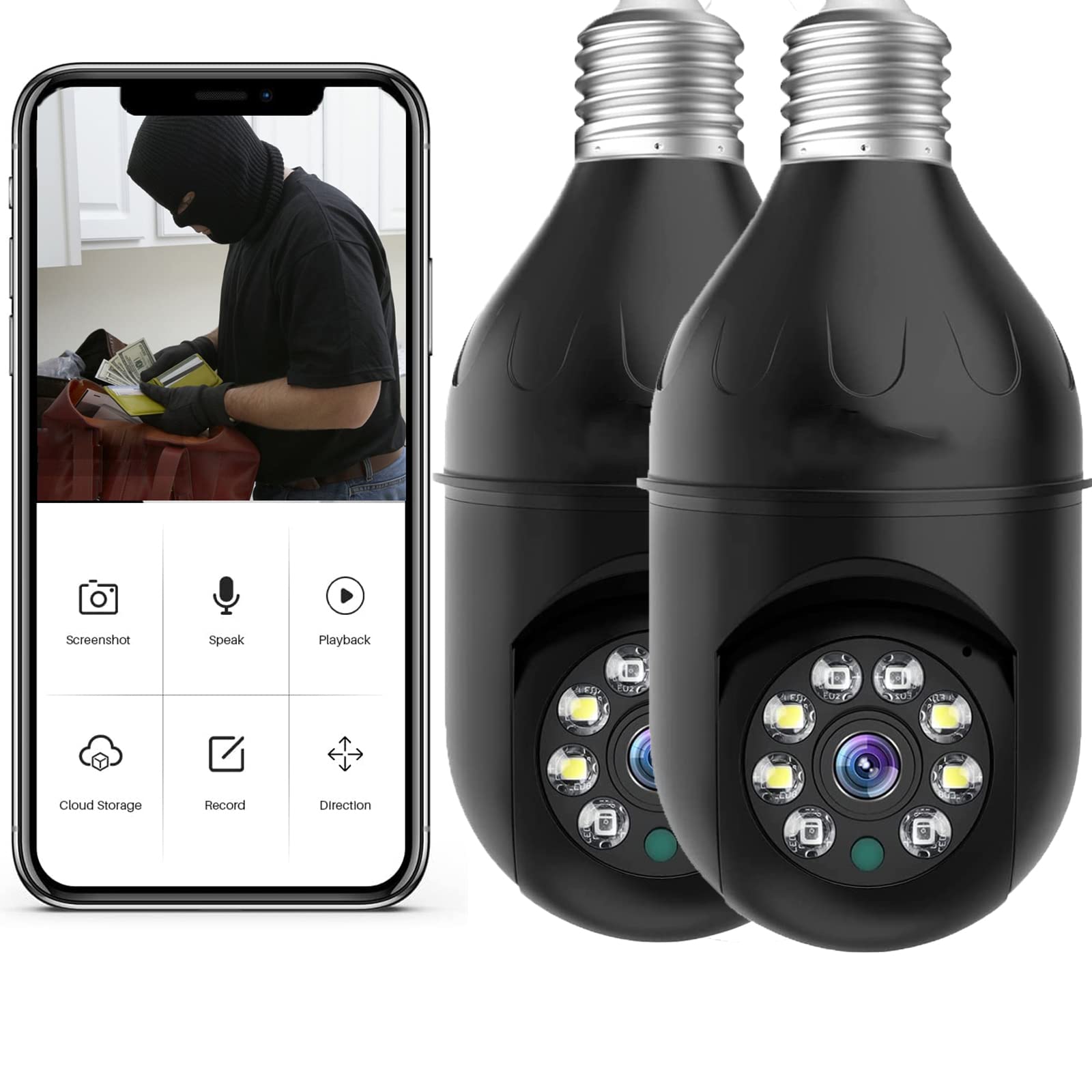 LARDERGO 2 Pack 1080p Smart Home Security Camera - Indoor/Outdoor WiFi Surveillance Camera with 360° Panoramic View, E27 Light Bulb Connector & Night Vision (Black) - Perfect for Baby Monitoring, Pet Watching, and Home Security
