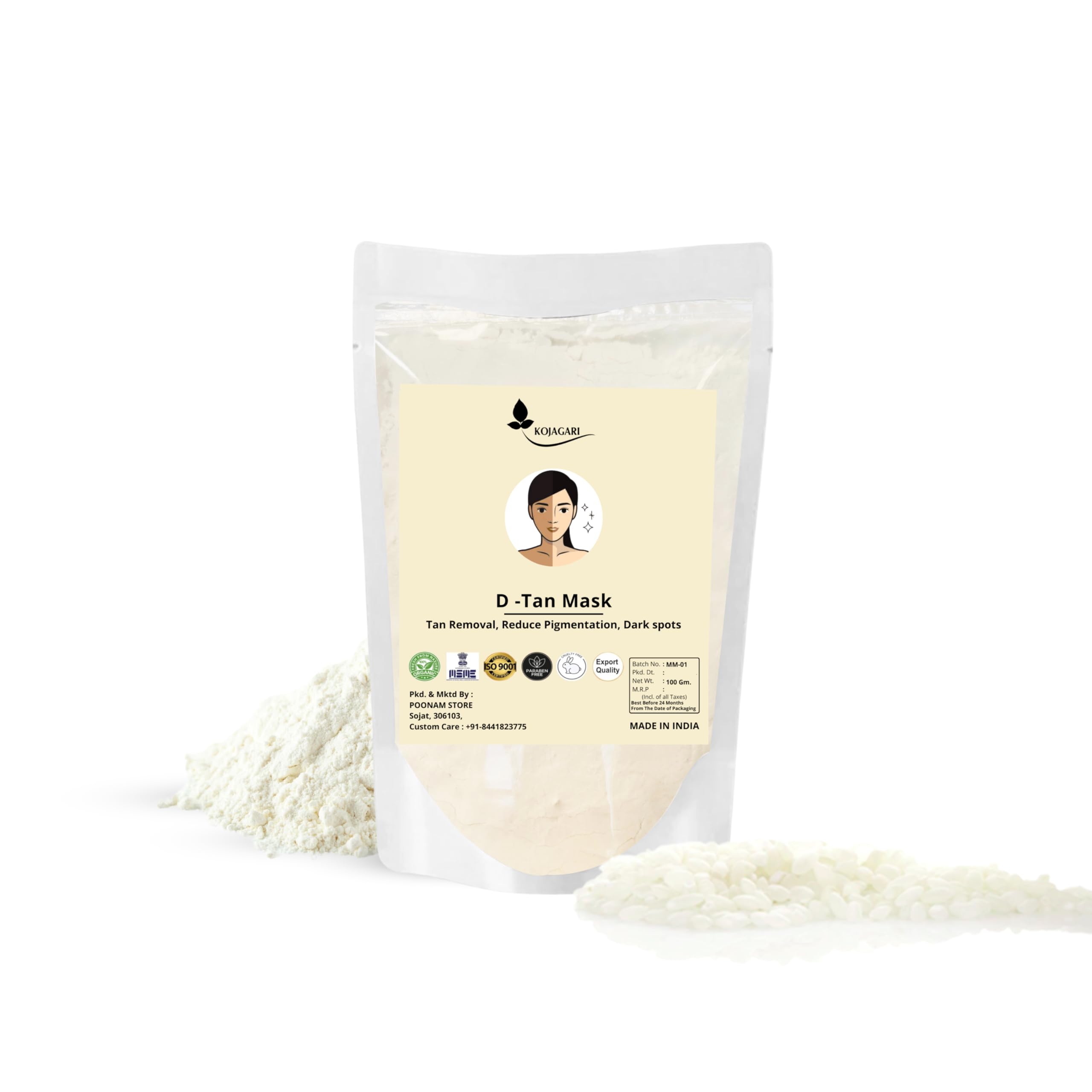 Kojagari D-TAN Face Mask with Rice Clay & Vitamin C Powder - Reduces Acne Scars, Dark Spots, Hyperpigmentation & Tan for Brighter, Glowing Skin (100g) - Perfect for Nighttime Skincare Routine & Post-Sun Exposure Treatment