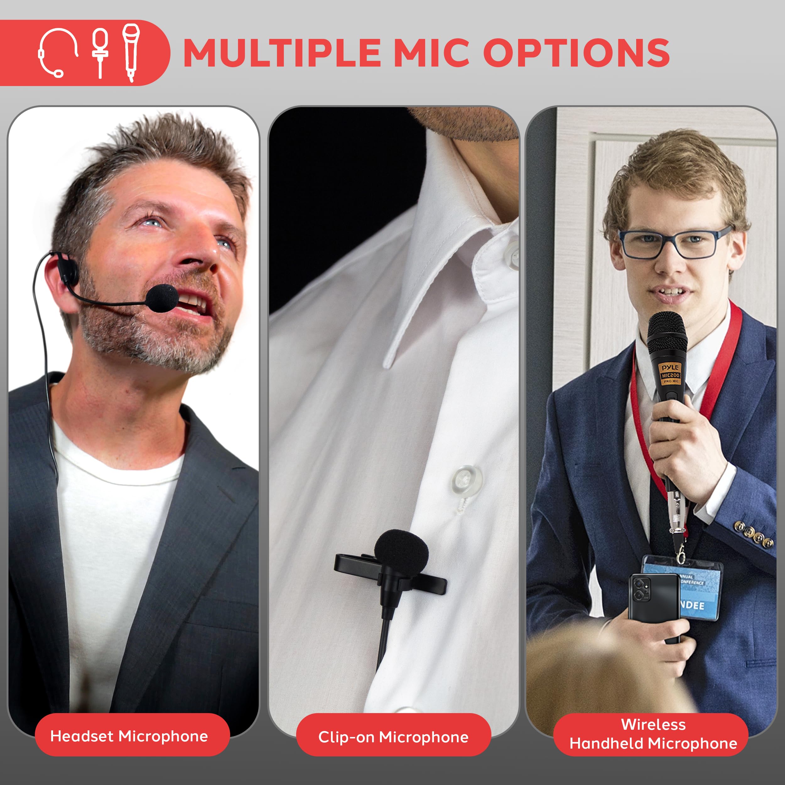Pyle Portable PA Speaker System with Microphone - Wireless Bluetooth, FM Radio, Rechargeable Battery, AUX Input - Includes Headset, Lavalier & Beltpack Mics (Black) - Perfect for Outdoor Events, Parties & Public Speaking
