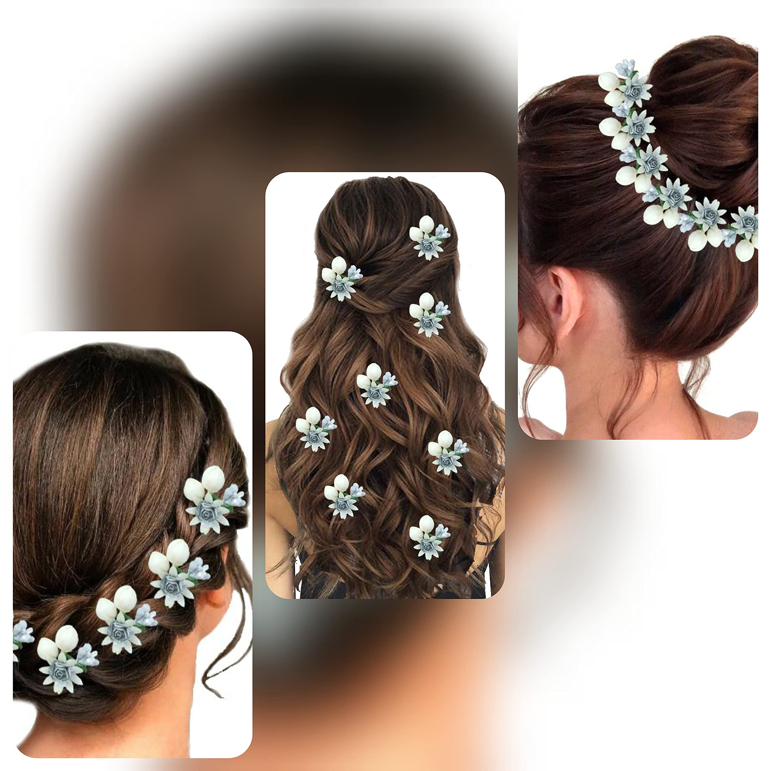 Artificial Small Rose Flower Hair Pins with Mogra - Bridal Wedding Hair Accessories for Women & Girls (Silver, Pack of 8) - Perfect for Weddings, Parties & Everyday Hairstyles
