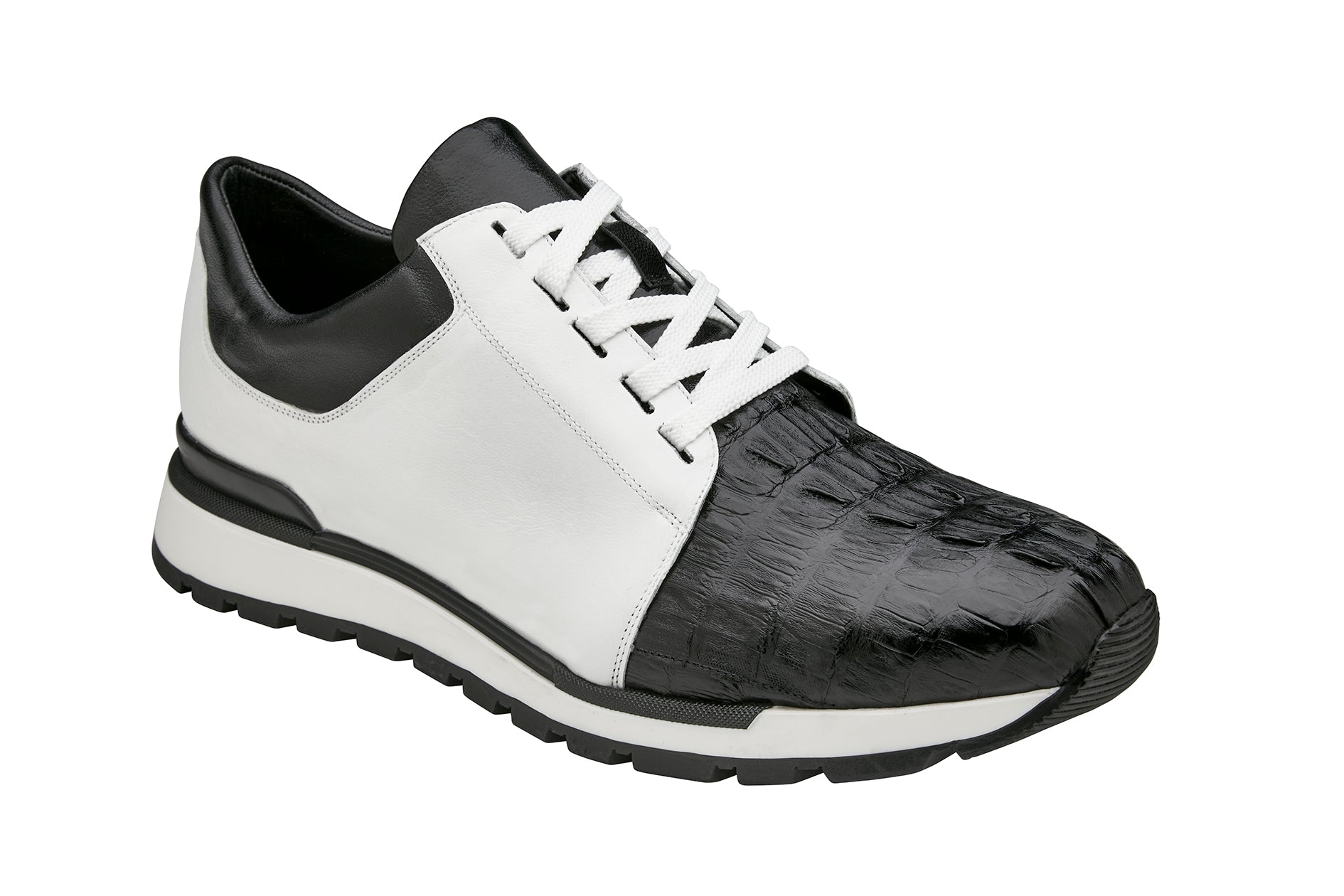 Belvedere Titan Genuine Caiman Crocodile & Italian Calf Leather Sneakers - Black/White (33631) | Luxury Men's Dress Shoes for Business & Formal Occasions