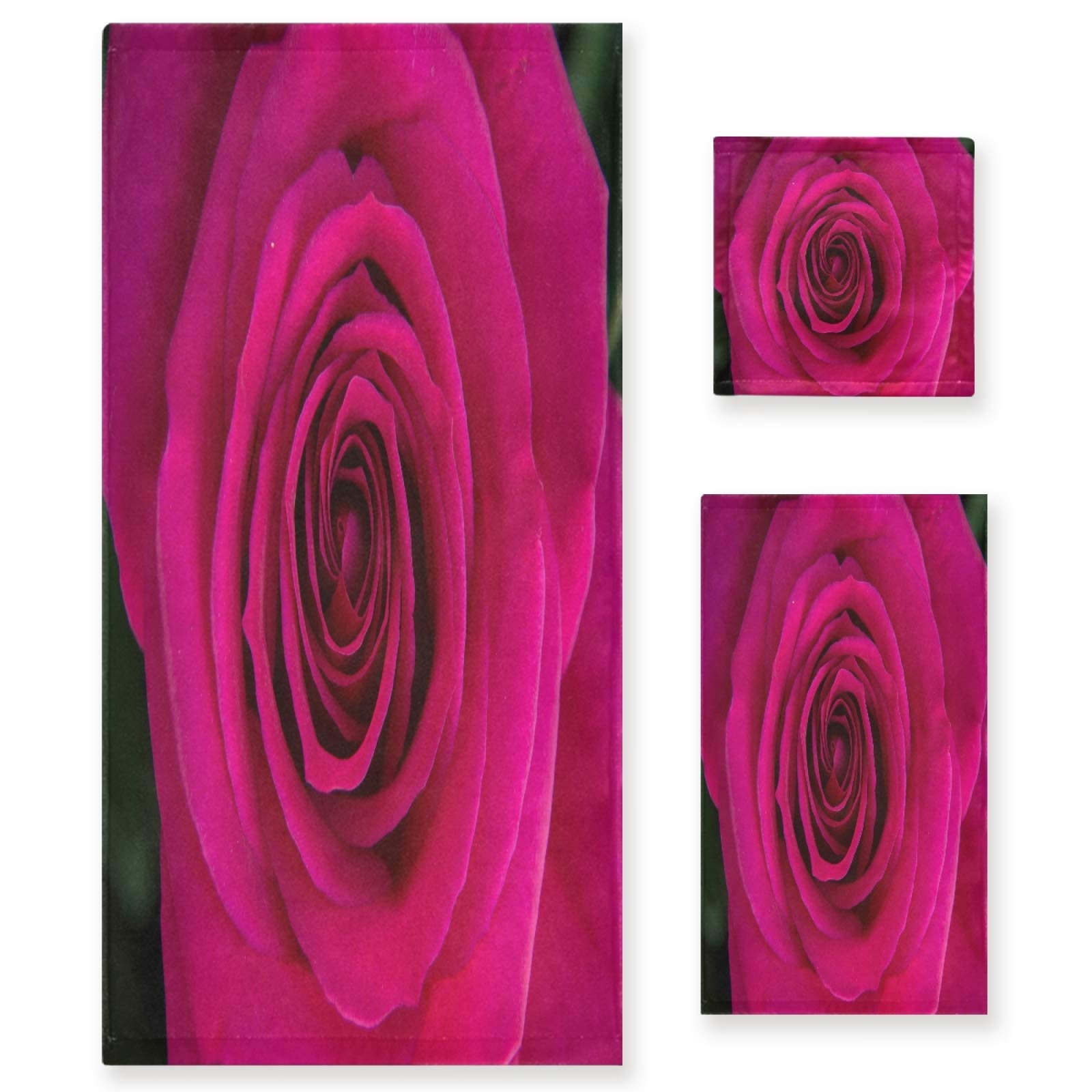3 Piece Pink Fuchsia Rose Bath Towel Set - Ultra Soft, Heavy Weight & Highly Absorbent - Perfect for Valentine's Day Gifts, Spa Day, Bridal Shower & Luxury Bathroom Decor