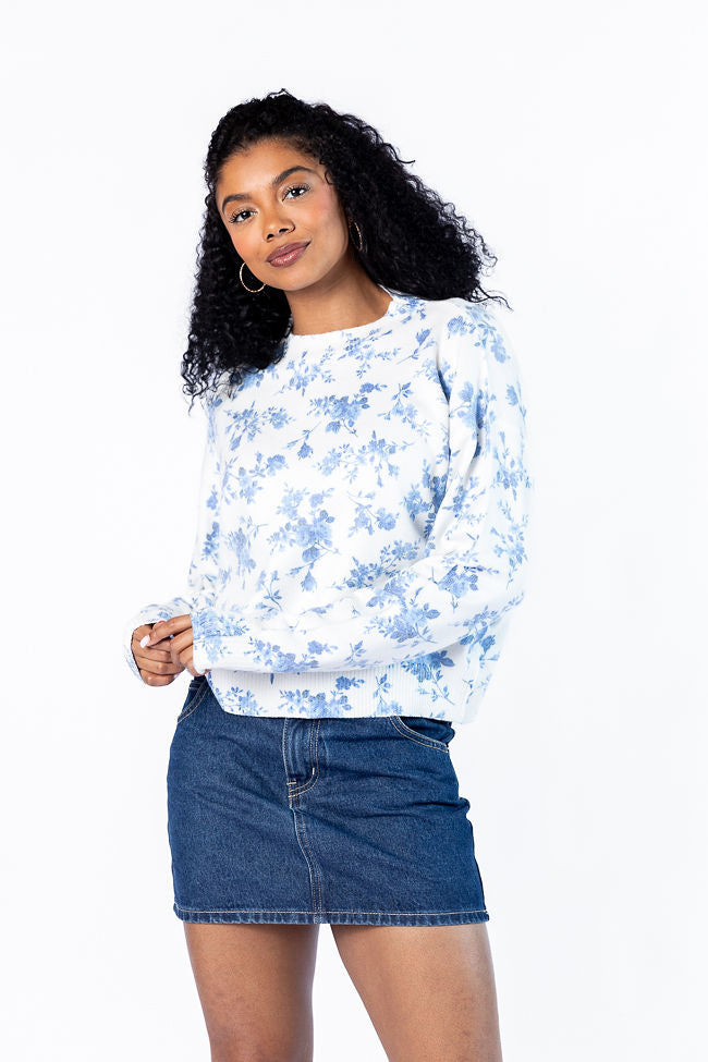 Blooming Love Blue Crew Neck Floral Sweater for Women | Soft Knit Pullover | Spring Summer Casual Outfit | Perfect for Dates, Office & Weekend Wear