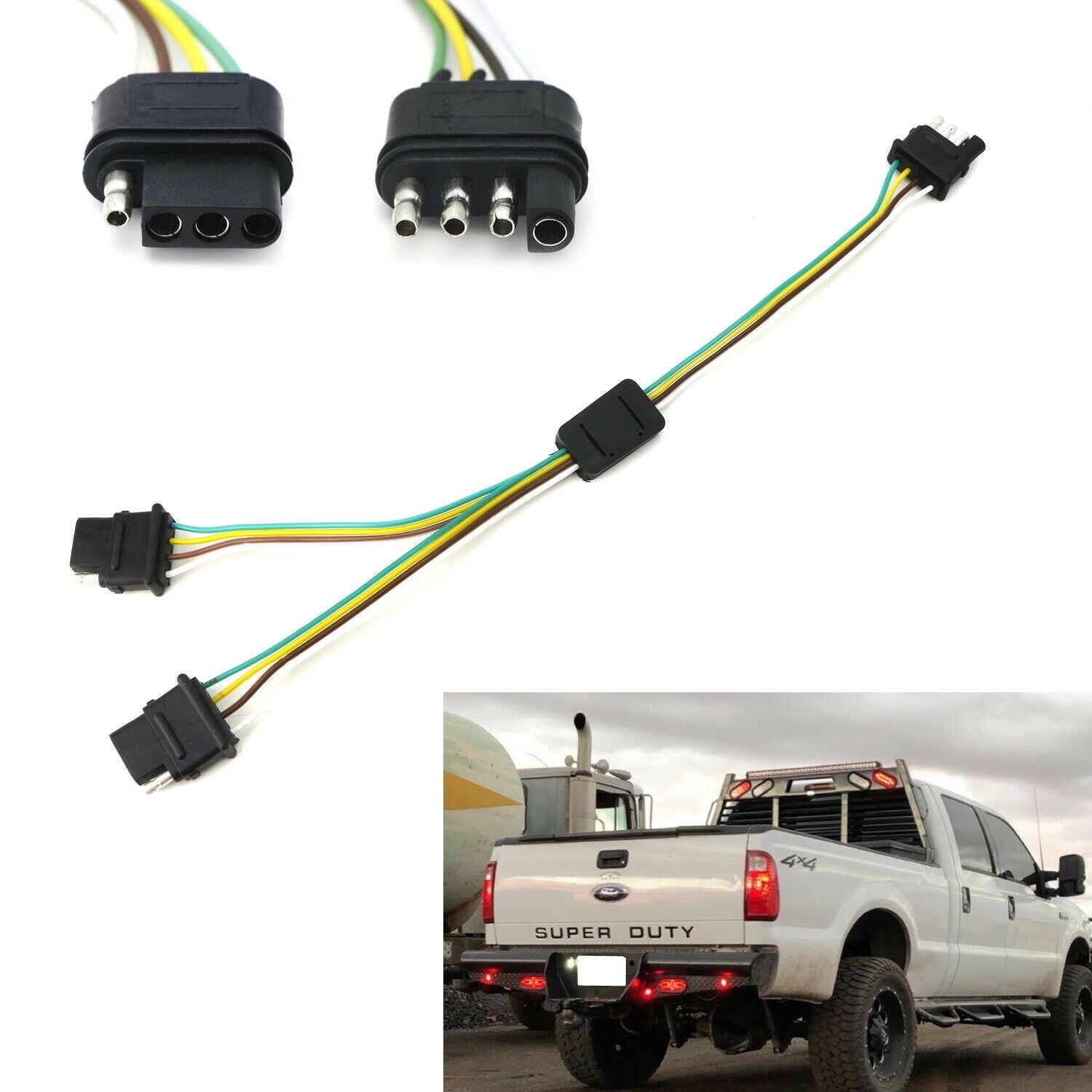 4 Way Flat Y Splitter Dual Plug Adapter for LED Tailgate Light Bar & Trailer Wiring - Heavy Duty 12V Connector for Truck, RV, Boat & Off-Road Vehicles