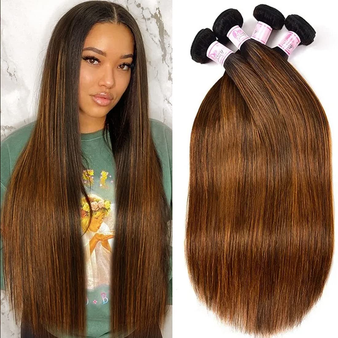 Beauty Forever #FB30 Straight Human Hair Weave 4 Bundles (18 20 22 24 Inch) - Malaysian Virgin Human Hair Extensions with Ombre Highlights for Sew In - Perfect for Styling, Volume & Length Enhancement
