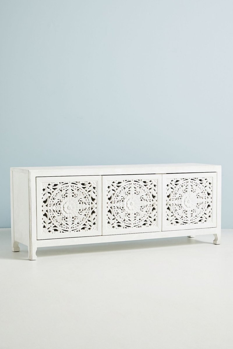 Hand Carved Lombok Media Console in White | Solid Wood Entertainment Center for Living Room, TV Stand with Storage Shelf, Modern Farmhouse Furniture for Home Decor
