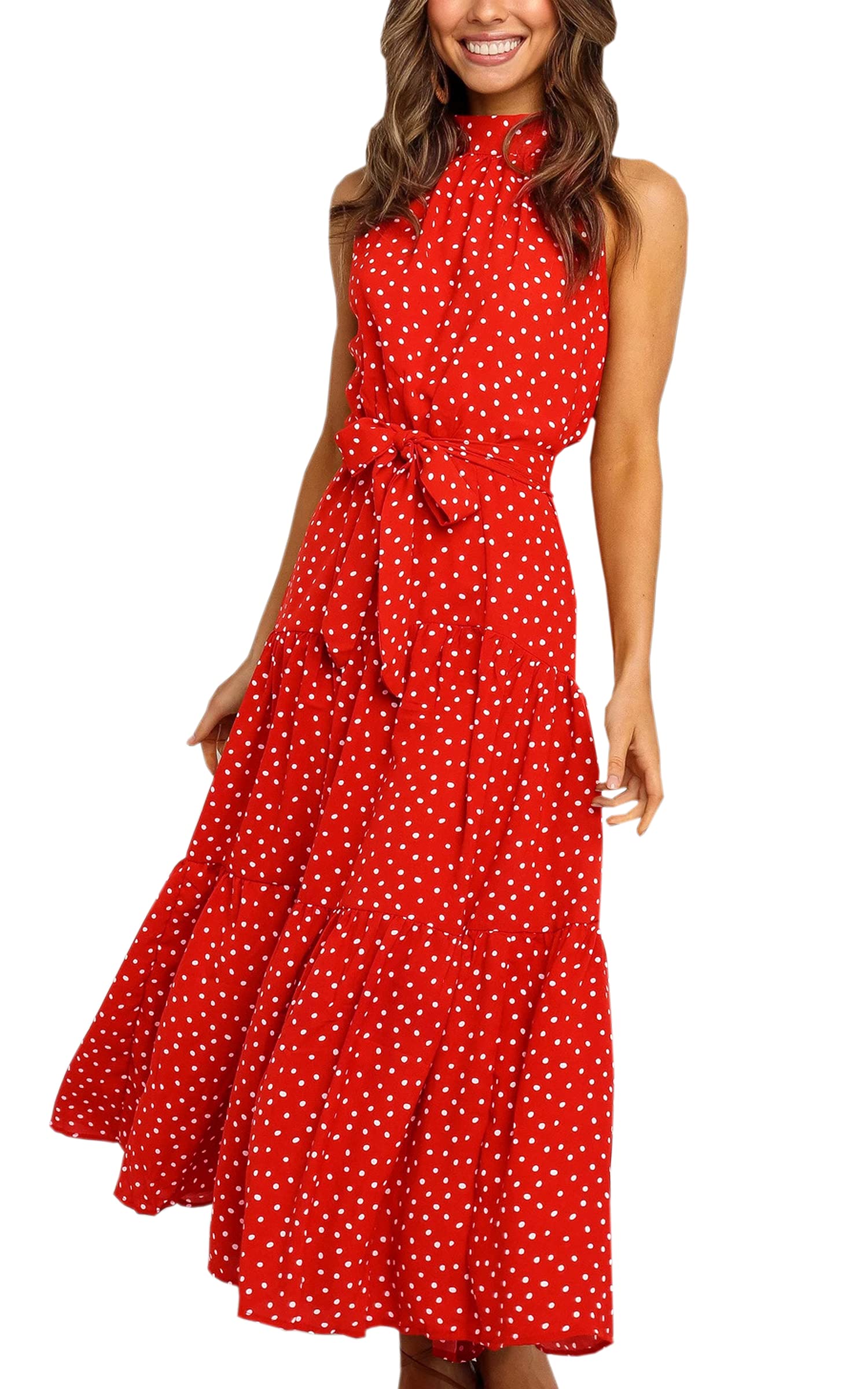 ECOWISH Women's Boho Floral Print Halter Neck Backless Maxi Dress - Sleeveless Summer Beach Dress for Vacation, Party & Casual Wear