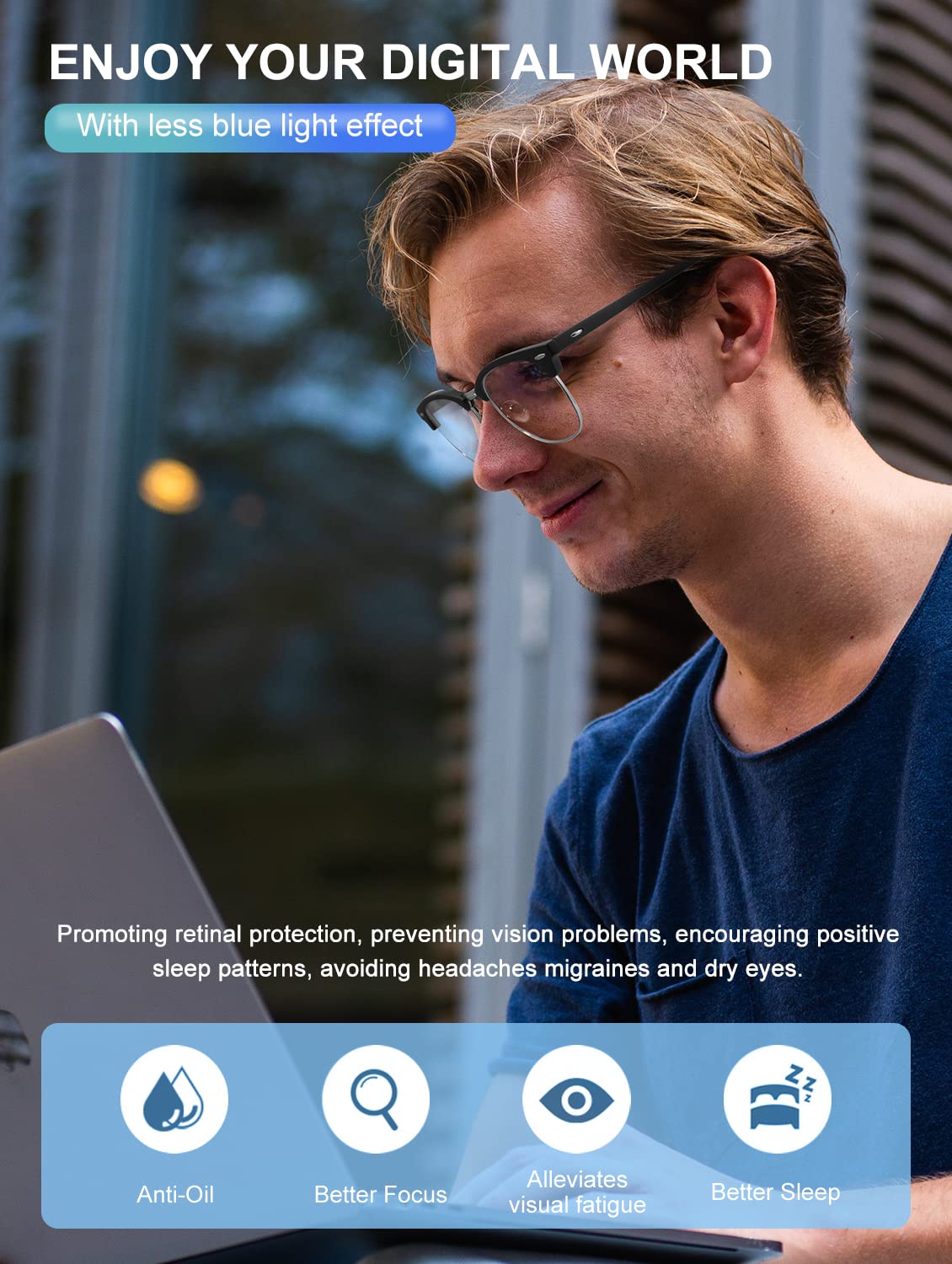 Blue Light Blocking Glasses for Women & Men - Anti Eyestrain Computer Glasses, Gaming Glasses with UV Protection - Lightweight Semi-Rimless Frame for Office Work, Online Classes & Screen Time