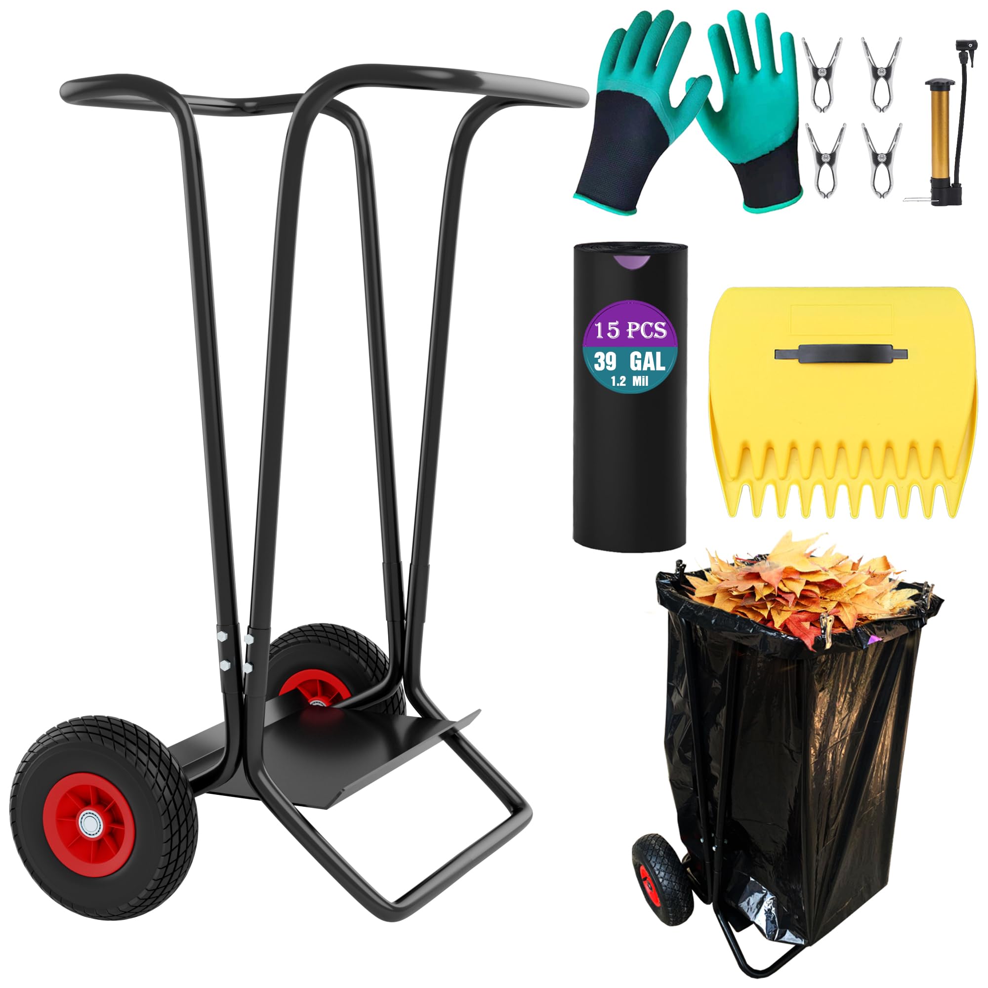 Portable Outdoor Trash Bag Holder with Wheels - 15 Pack 39 Gallon Drawstring Leaf Bags Included | Heavy Duty Lawn & Garden Waste Container for Leaves, Weeding, Camping, Parties & Yard Cleanup