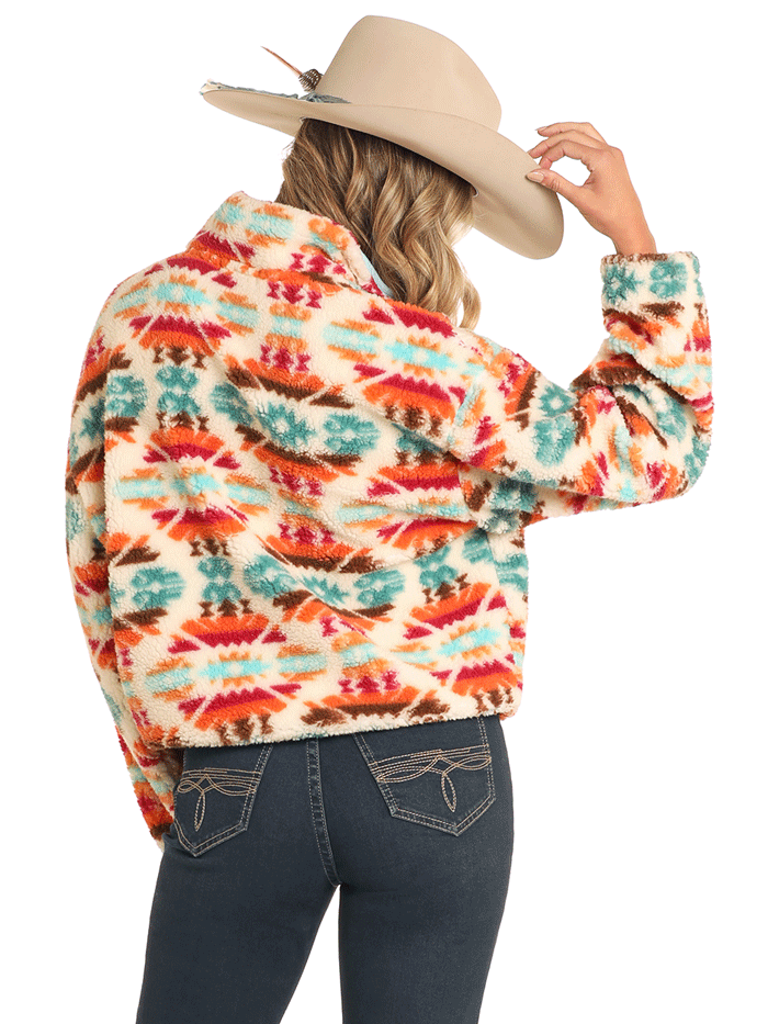 Rock & Roll Denim BW91C04476 Women's Aztec Print Sherpa Pullover Sweatshirt - Cream Cozy Fleece Jacket for Fall & Winter Fashion, Casual Outfits, and Outdoor Adventures