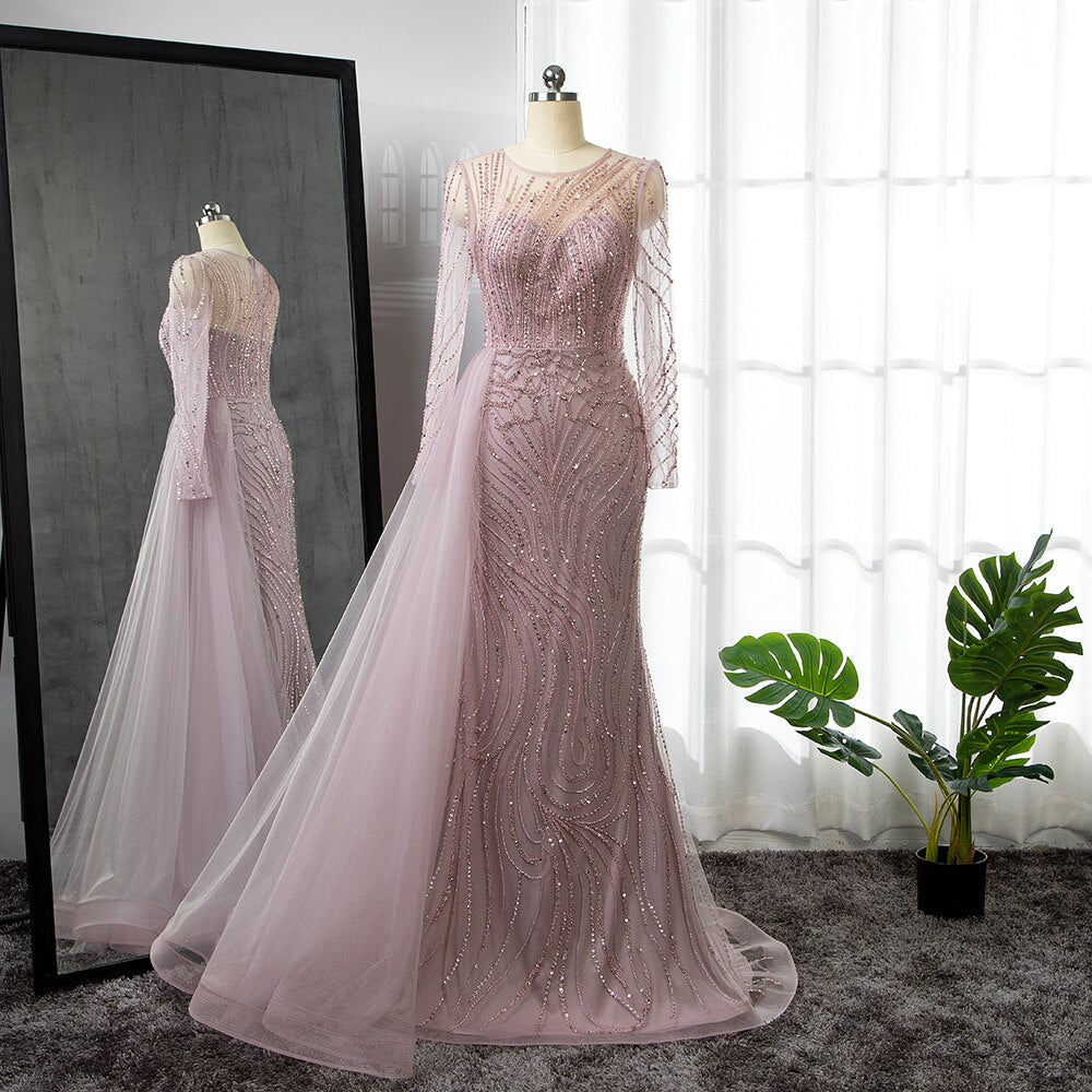 Elegant Pink Mermaid Evening Gown with Beaded Skirt - 2025 O-Neck Luxury Party Dress for Women | Perfect for Prom, Gala & Formal Events - LA71673