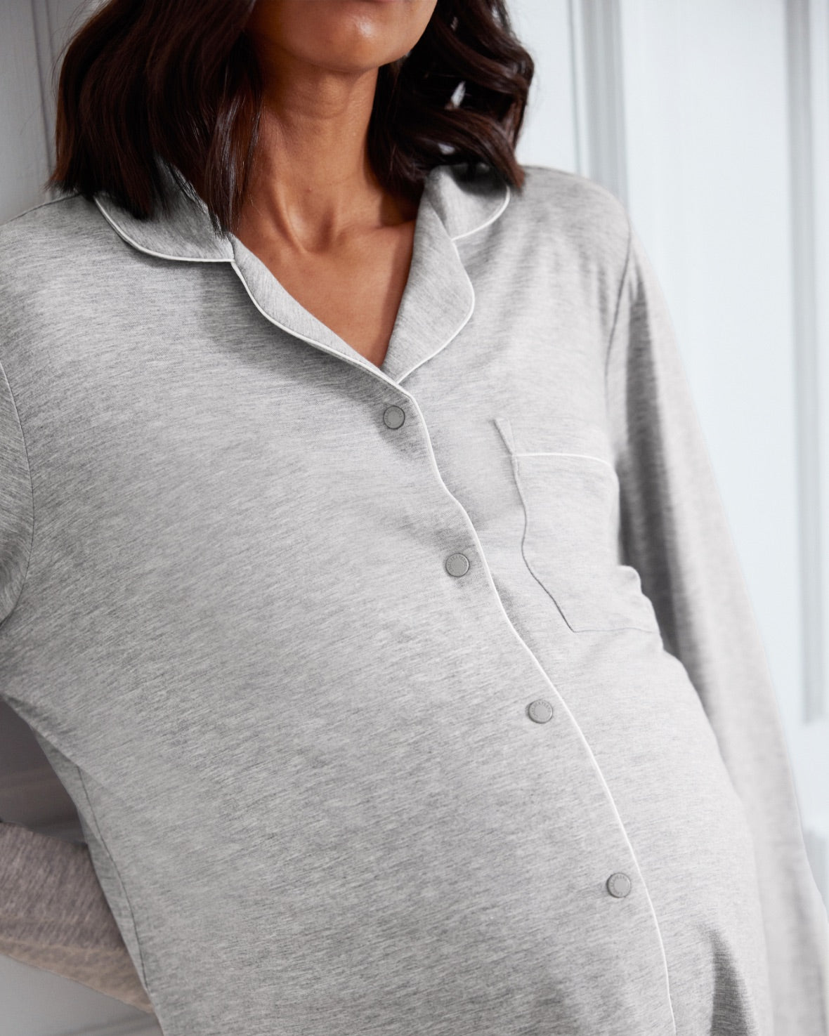Comfortable Maternity Pajama Set - Soft TENCEL™ Modal Long Button-Up Sleepwear for Pregnant Women - Grey Marl - Perfect for Relaxing at Home & Nursing Comfort