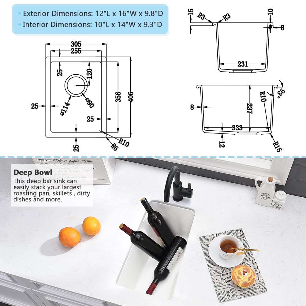 VASOYO 12x16 Inch Undermount Bar Sink - White Quartz Single Bowl Small Kitchen Sink with Bottom Grid for RV, Outdoor & Home Bar Prep | Durable & Stylish Design