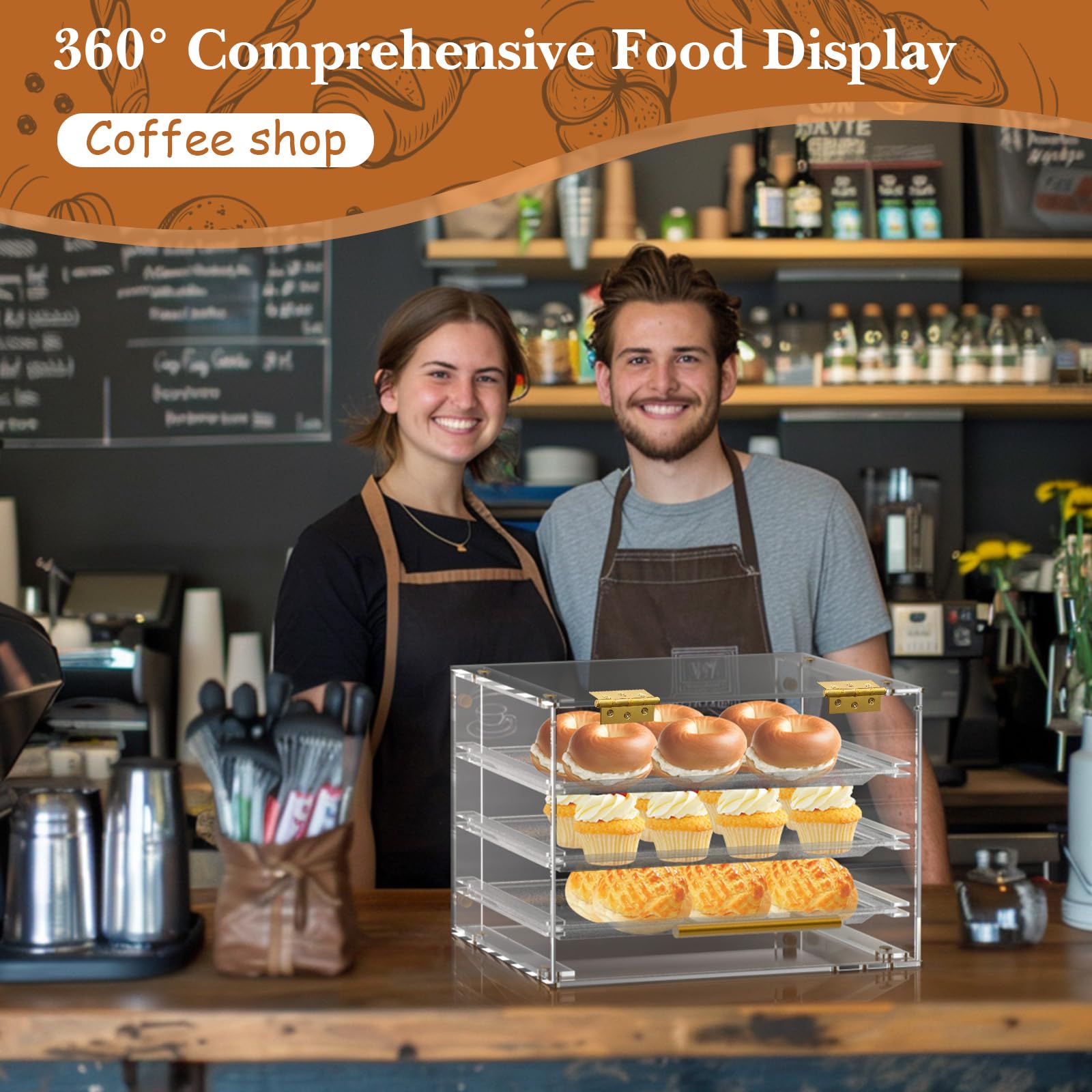 Commercial Clear Acrylic Bakery Display Case - 3-Tier Countertop Pastry Showcase with Front Door & Serving Tong | Perfect for Cookies, Donuts, Cupcakes, Bagels, Cakes & Desserts | Ideal for Bakeries, Cafes, Restaurants & Retail Stores