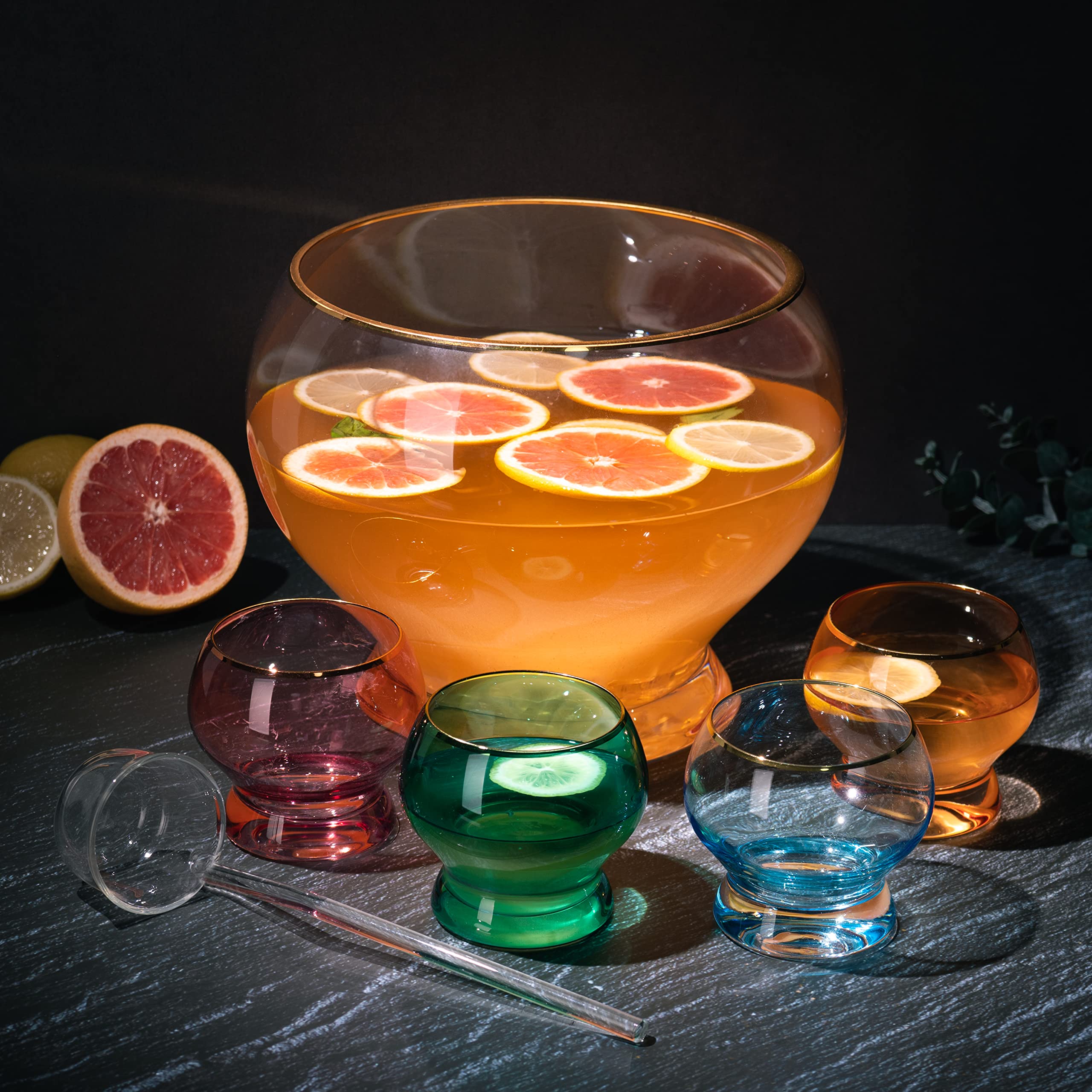 Vibrant 1.7 Gallon Punch Bowl Set with 4 10oz Glasses & Ladle - Perfect for Margaritas, Cocktails, Juice & Punch - Ideal Gift for Mother's Day, Wife, Mom & Friends - Great for Parties, Weddings & Holiday Gatherings