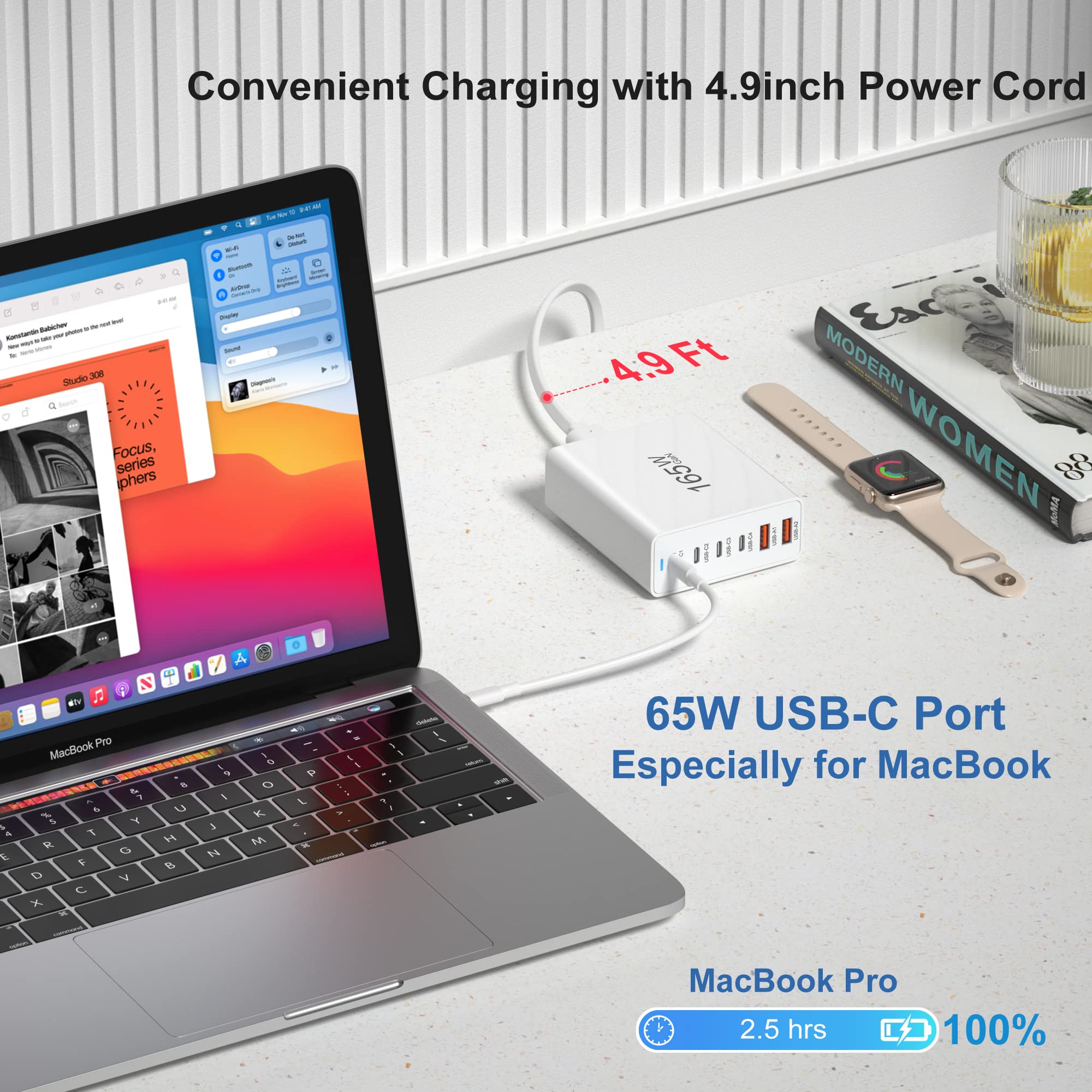 165W GaN Fast Charger 6-Port USB C Charging Station - PD/QC3.0 Desktop Power Adapter for MacBook Pro/Air, iPad, iPhone 16/15, Galaxy S24, Pixel 8 - Perfect for Home Office & Travel Charging Needs