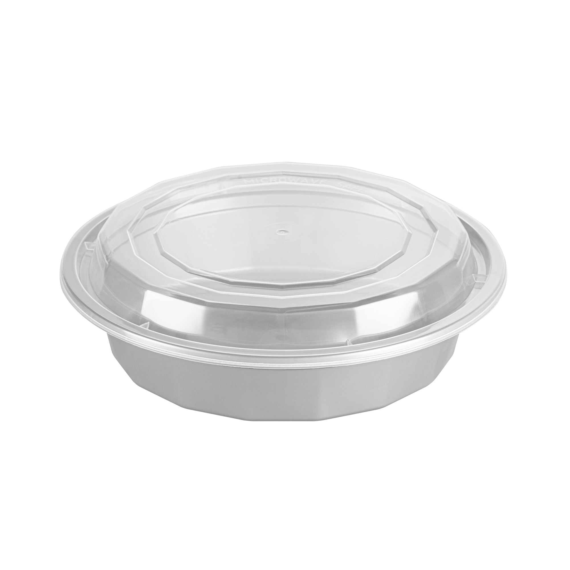 24 oz Round Silver Plastic Takeout Containers with Clear Lids - 100 Pack (7.25