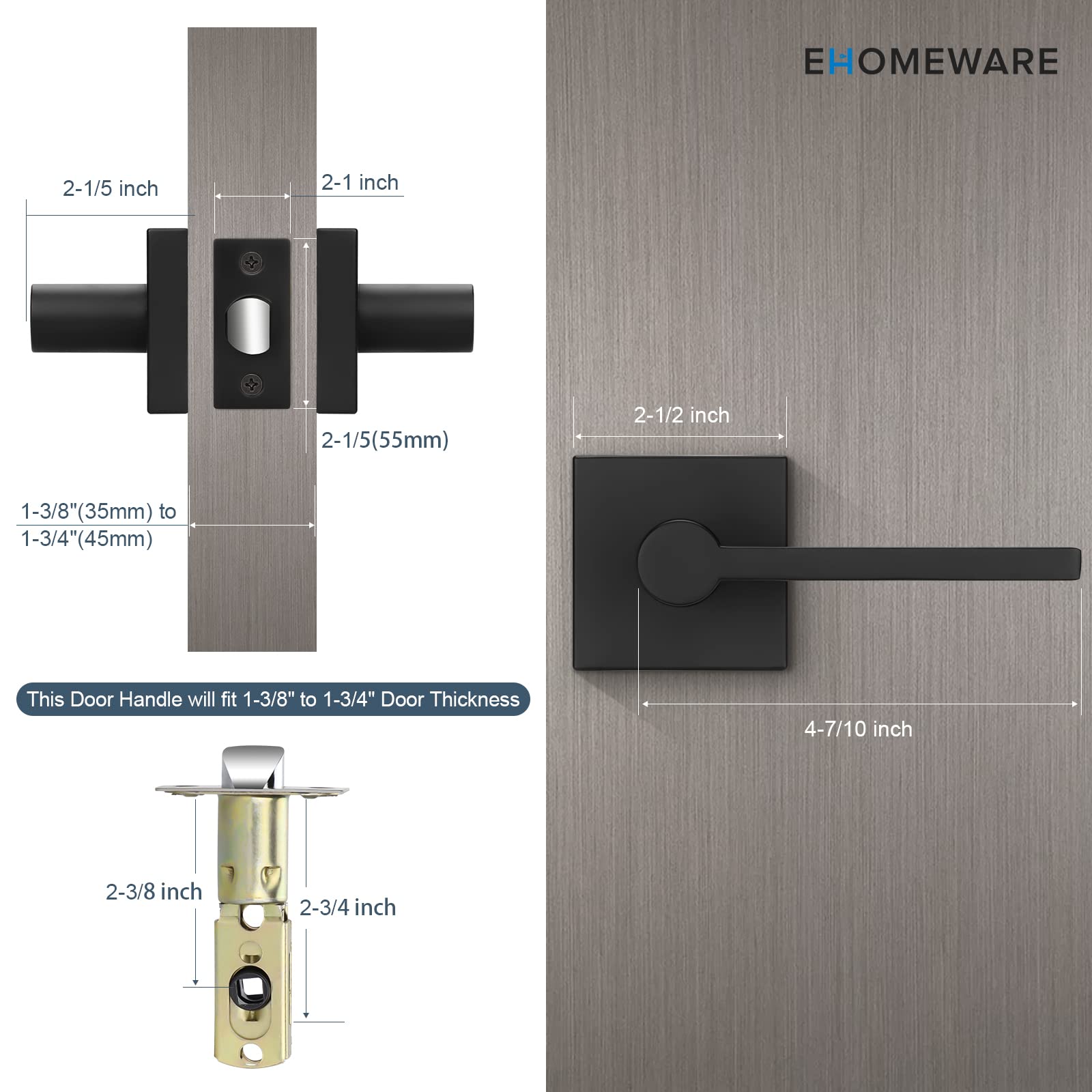 EHOMEWARE 5-Pack Matte Black Door Handles - Heavy Duty Interior Door Knobs with Keyless Design for Hallway, Closet & Bedroom - Modern Matte Black Door Levers for Home & Office Use