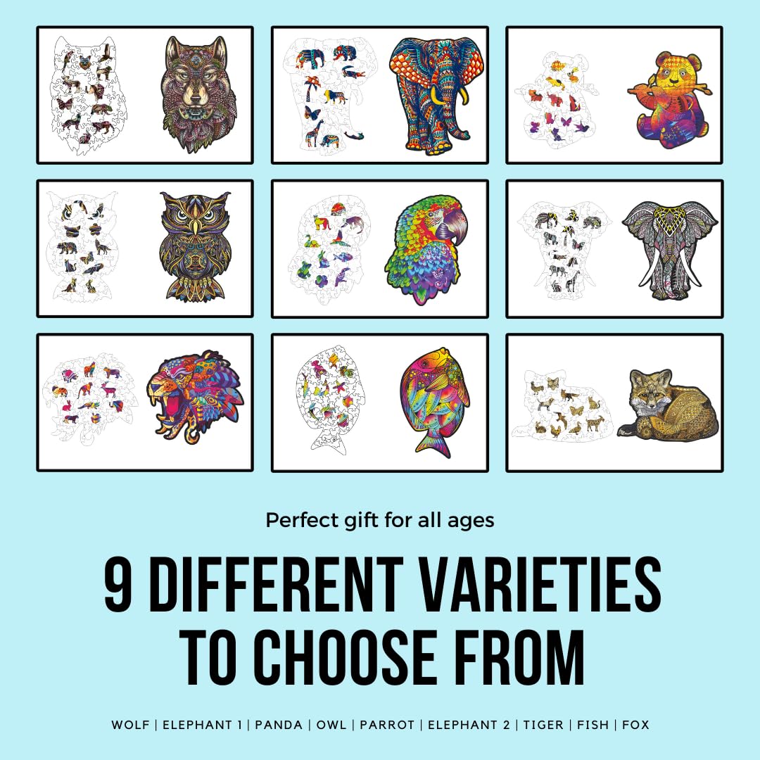 Premium Wooden Animal Puzzle for Kids & Adults - 9 Unique Artistic Designs with Wolf Figure Pieces | A4 Size Educational Toy for Family Game Night & Cognitive Development | Yole.toys® Wooden Figured Puzzle
