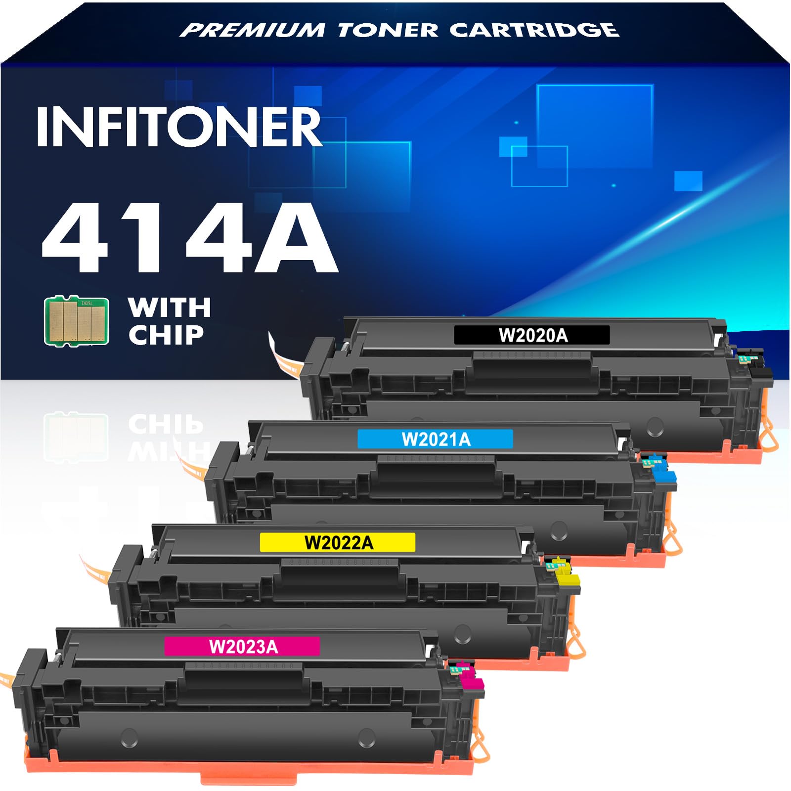 INFITONER 414A Toner Cartridges 4 Pack (Black, Cyan, Magenta, Yellow) - Compatible Replacement for HP 414A/414X/W2020A - Works with HP Color Pro MFP M479fdw/M479fdn/M454dw/M454dn Printers - High Yield Printing for Office & Home Use