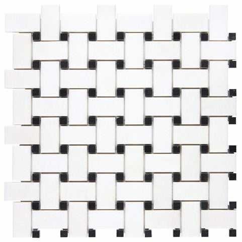 White Thassos Marble Basketweave Black Mosaic Tile - Premium Natural Stone Wall & Floor Tile for Bathroom, Kitchen Backsplash, and Shower Surround
