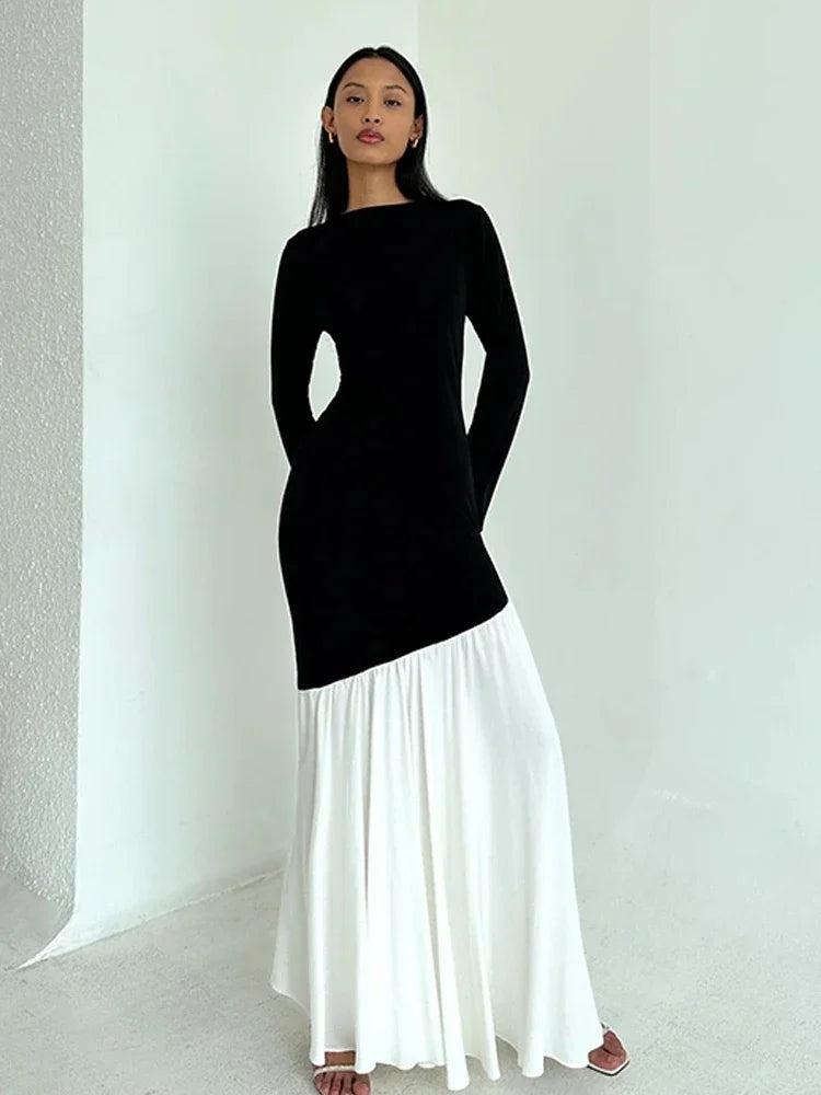Elegant Black and White Patchwork Long Sleeve Pleated Maxi Dress - Women's Fashion Autumn Dress 2024 | Perfect for Fall Weddings, Office Wear & Holiday Parties