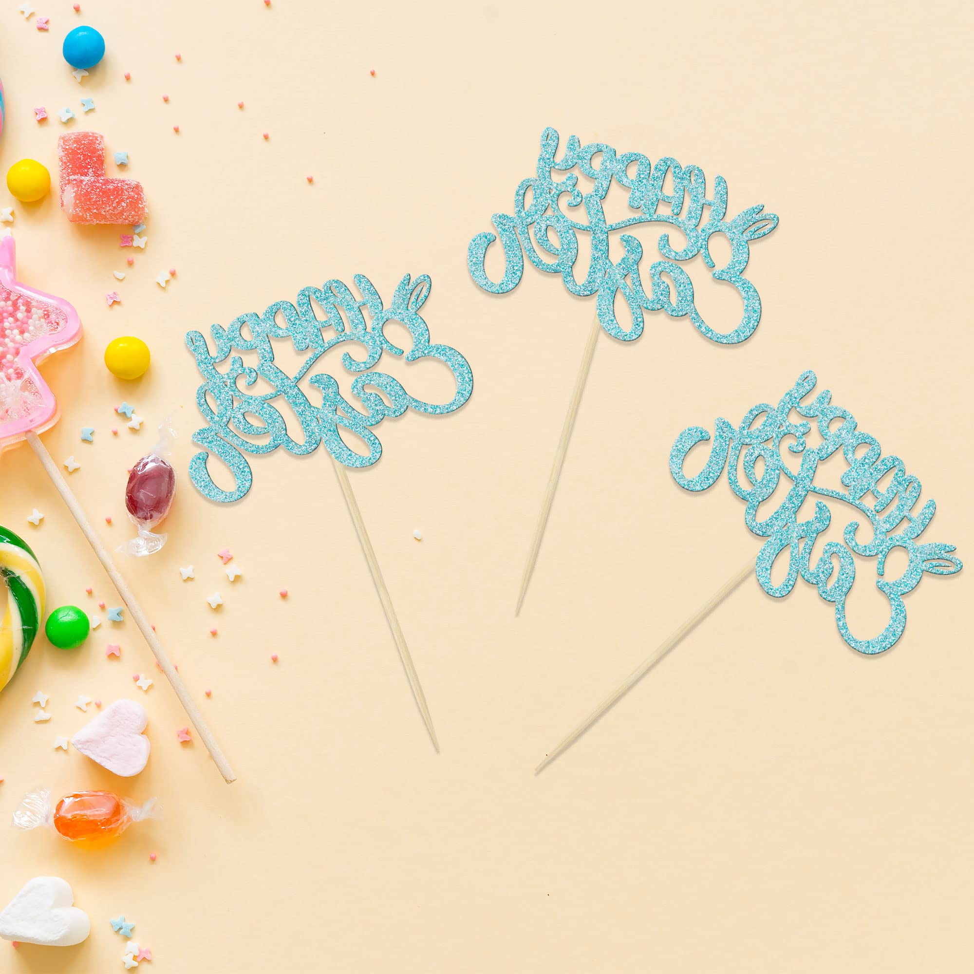 24Pcs Blue Glitter Easter Bunny Ear Cupcake Toppers - Happy Easter Decorations for Cupcakes, Baby Showers, Kids Birthday Parties & Spring Celebrations (Perfect for Easter Desserts, Holiday Baking & Festive Party Decor)