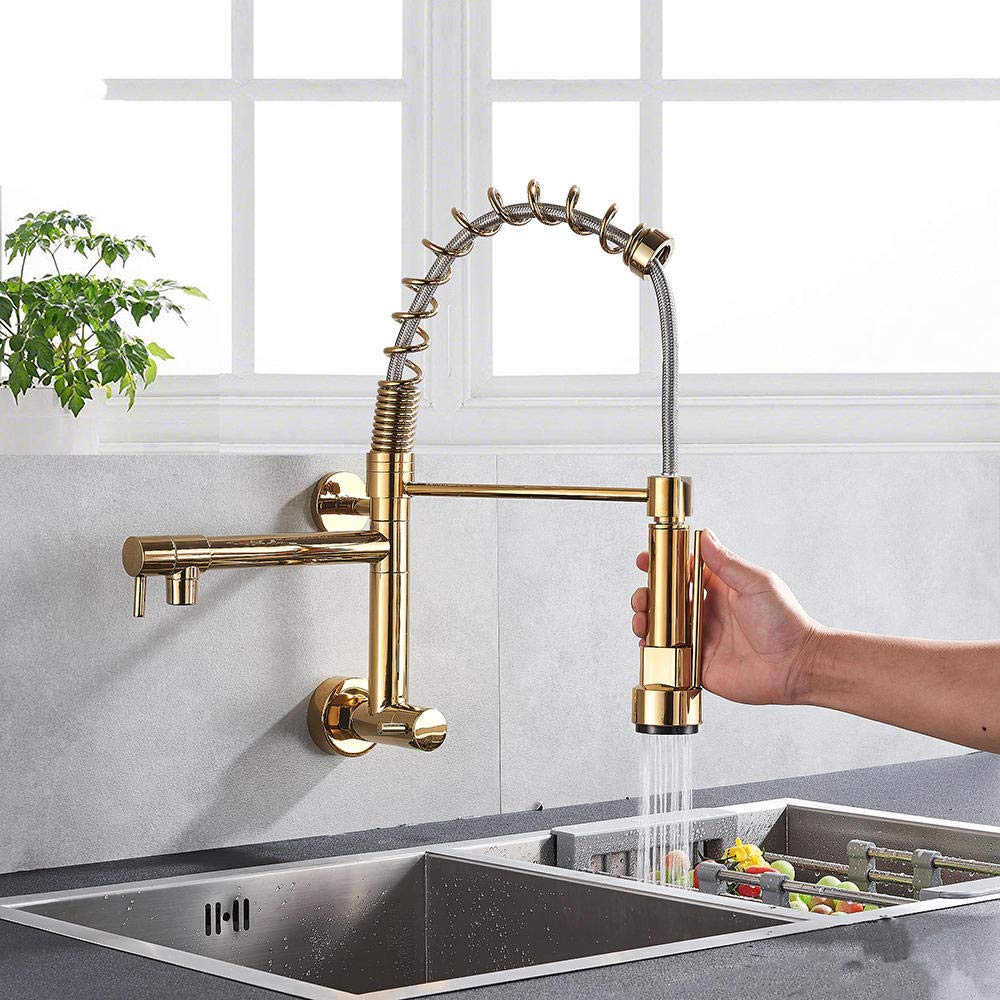 Golden Spring Kitchen Faucet with Swivel Side Sprayer - Dual Spout, 360° Rotation, Cold Water Tap for Sink - Perfect for Modern Kitchens & Easy Dishwashing