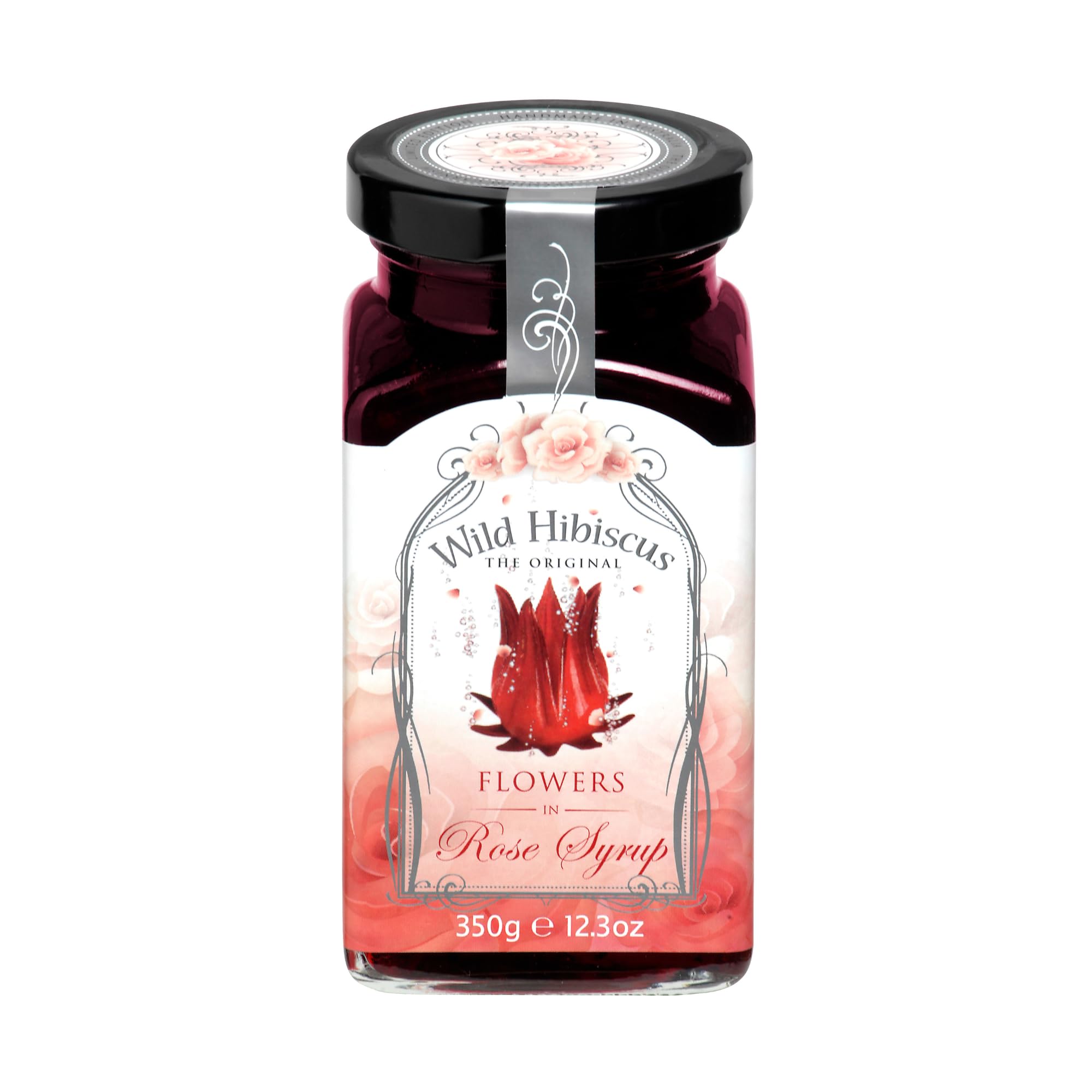 Wild Hibiscus Flowers in Rose Syrup 12.3 fl oz (365ml) - Premium Cocktail Garnish, Gourmet Dessert Topping & Tea Infusion for Special Occasions