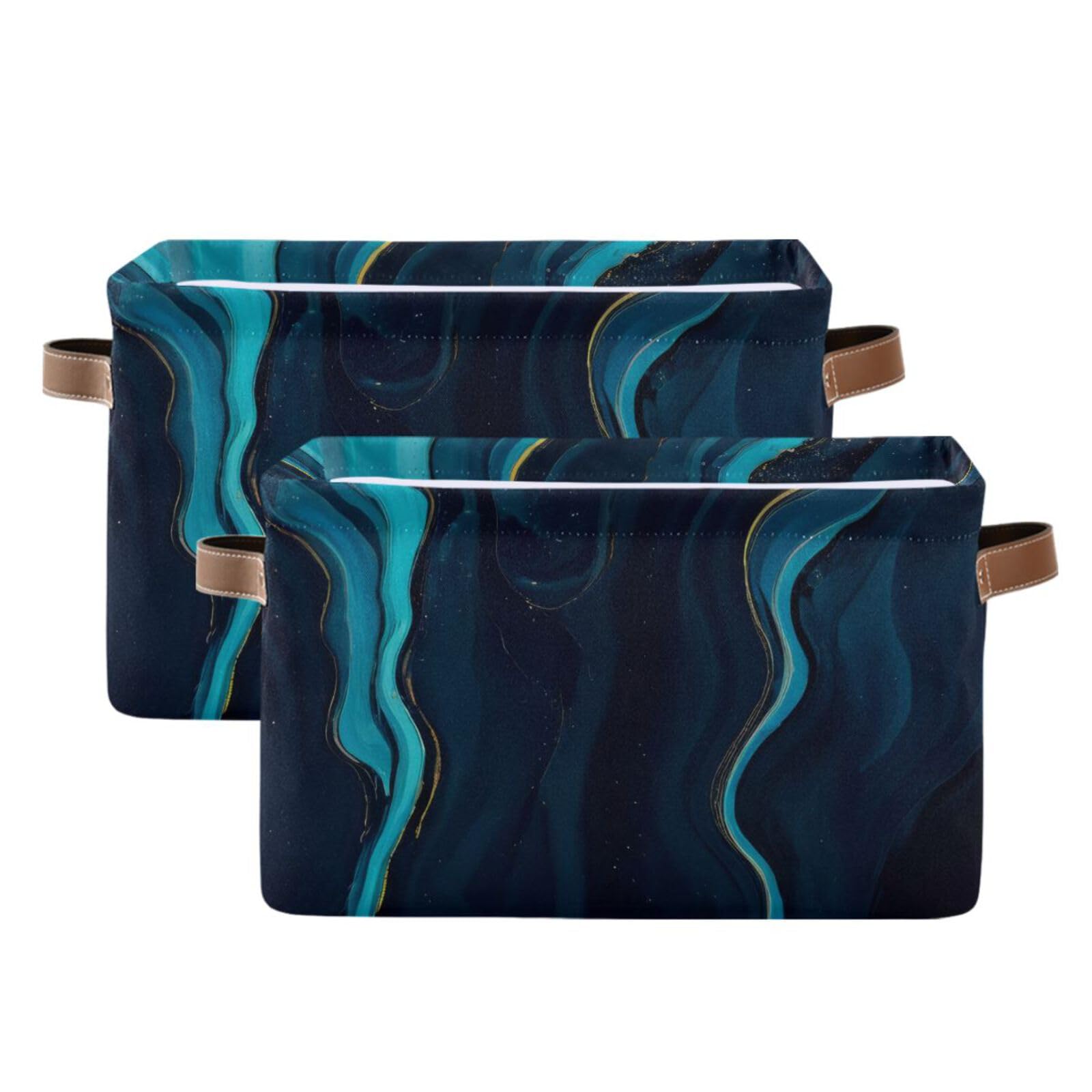 Blue Marble Storage Baskets - Collapsible Rectangular Canvas Fabric Storage Bin for Home Organization, Closet, Nursery & Office (Set of 2) - Space Saving Home Decor & Storage Solution