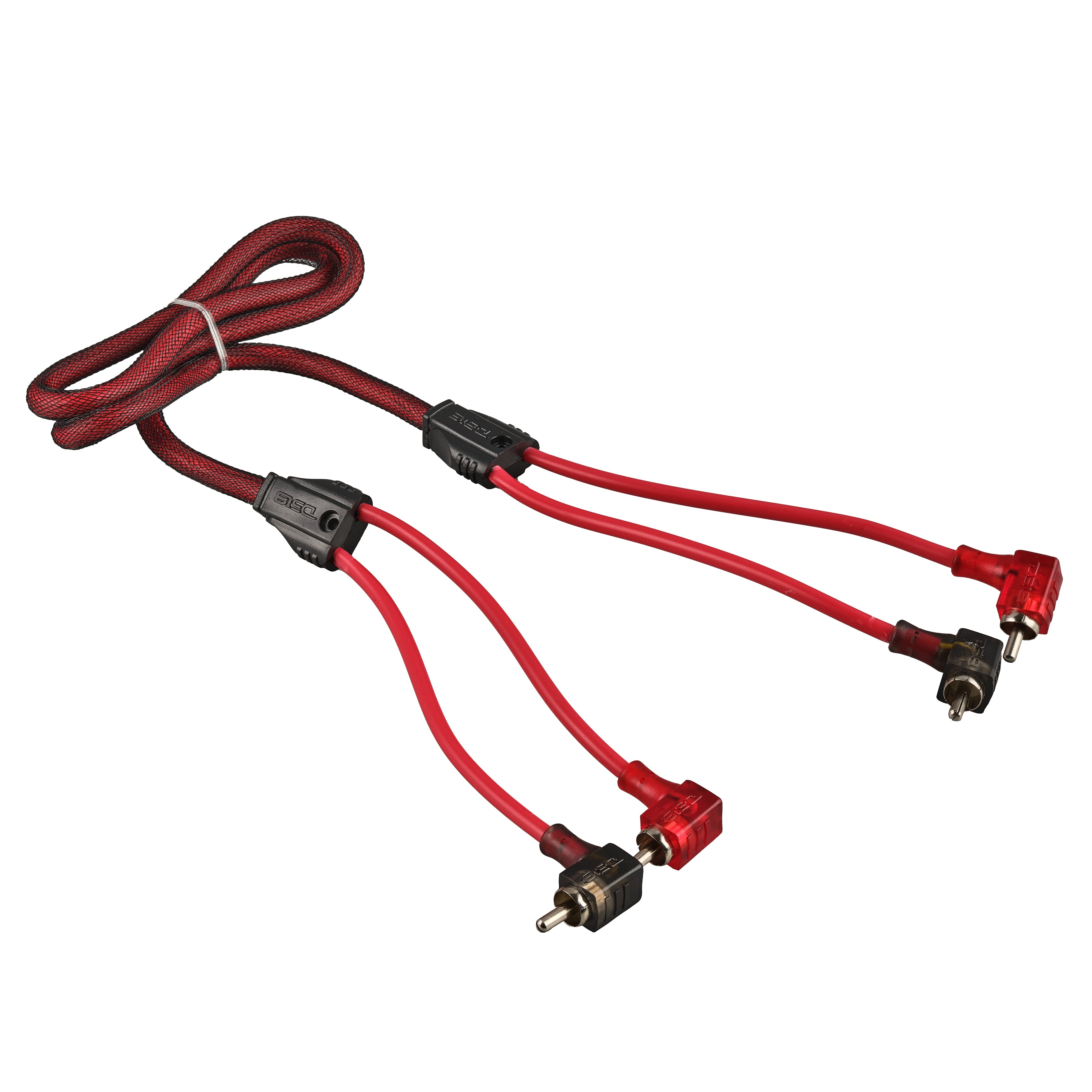 Premium 2 Channel RCA Cable - 100% OFC Ultra Flex, 90 Degree Ends, Dual Twist Wire, Red Braided Jacket - 3 ft for Home Theater, Car Audio, and Professional Audio Systems