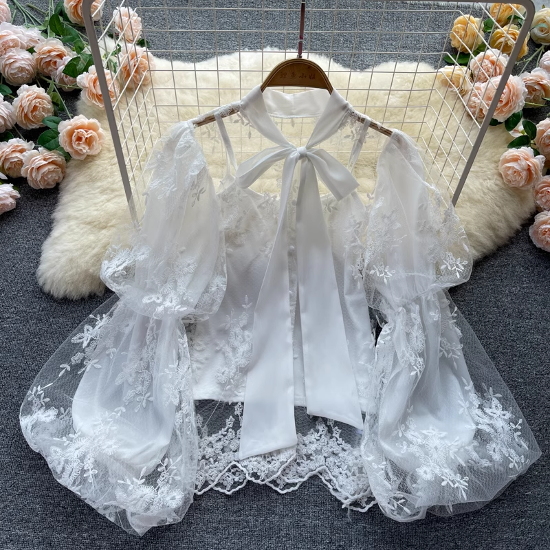 Fairy Bow Tie Puff Sleeve Lace Chiffon Blouse - Mesh Embroidery Hollow Out Top for Women | Perfect for Weddings, Parties & Romantic Dates