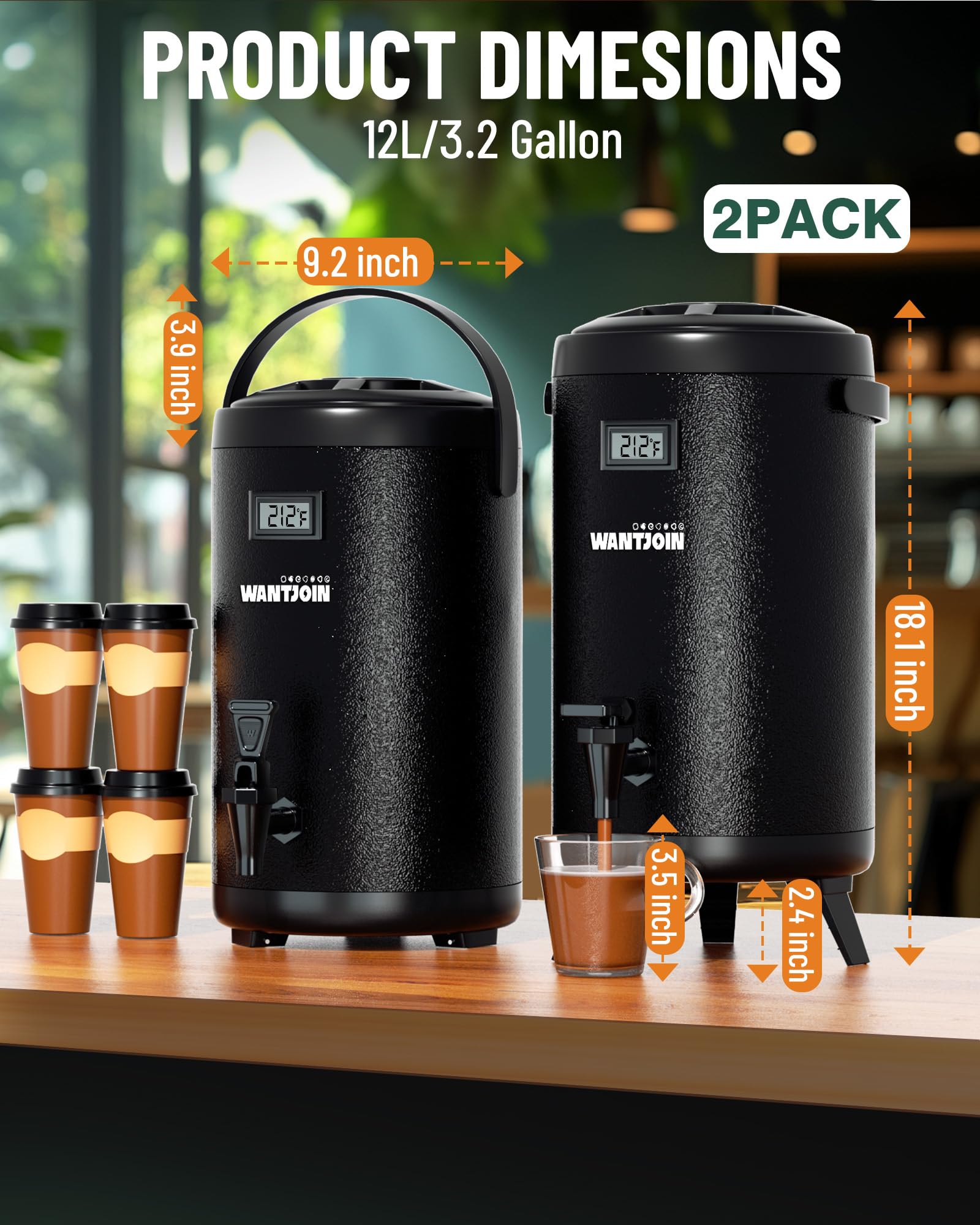 WantJoin 2-Pack 12L/3.2Gal Insulated Stainless Steel Beverage Dispenser - Hot & Cold Thermal Drink Dispenser for Coffee, Tea, Milk, Juice - Perfect for Parties, Events, Catering & Office Use