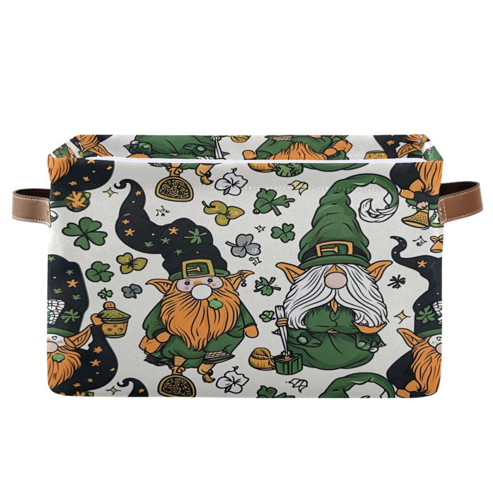 Qilmy St. Patrick's Day Gnome Storage Basket 2 Pack - Collapsible Canvas Rectangular Bin with Leather Handles for Closet, Office, Nursery | Perfect for Holiday Decor & Home Organization