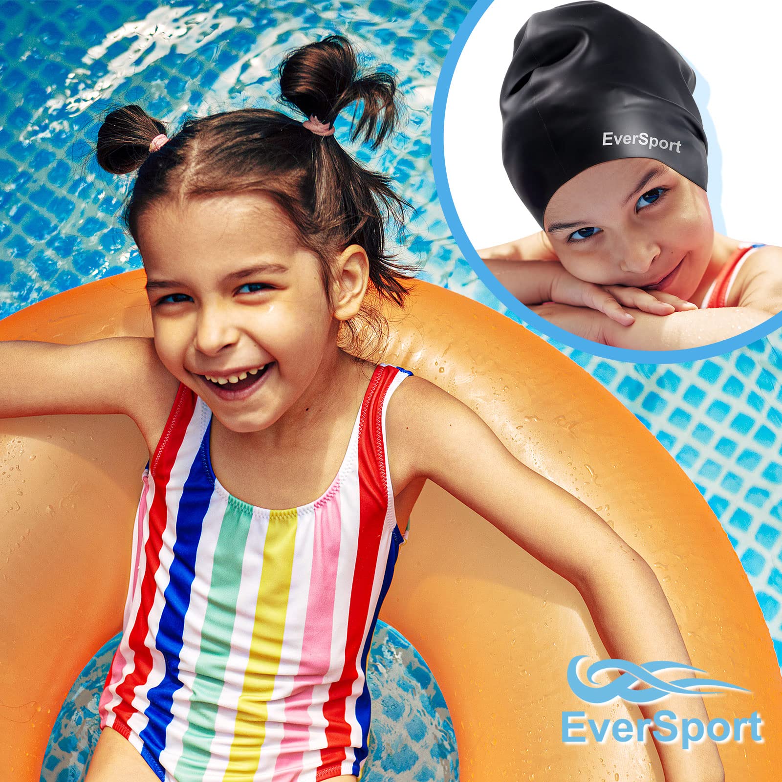EverSport Kids & Youth Large Swim Cap for Girls 6-14 Years - Silicone Swimming Cap for Long Hair & Braids - Keeps Hair Dry - Perfect for Swimming Lessons, Pool Parties & Beach Activities