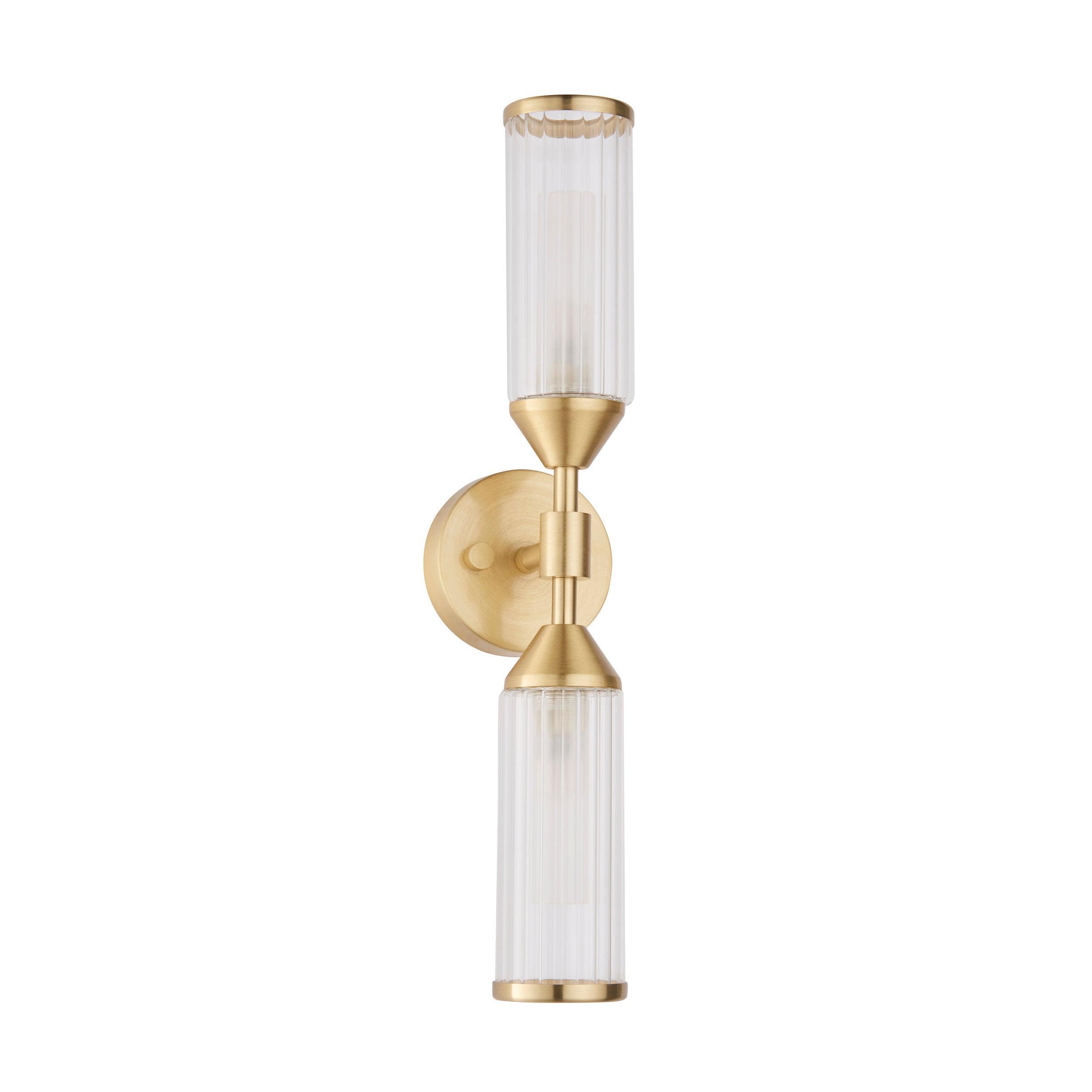 Belsize Brass Double Wall Light with Ribbed Glass Shades - Perfect for Living Room, Bedroom, and Hallway Lighting