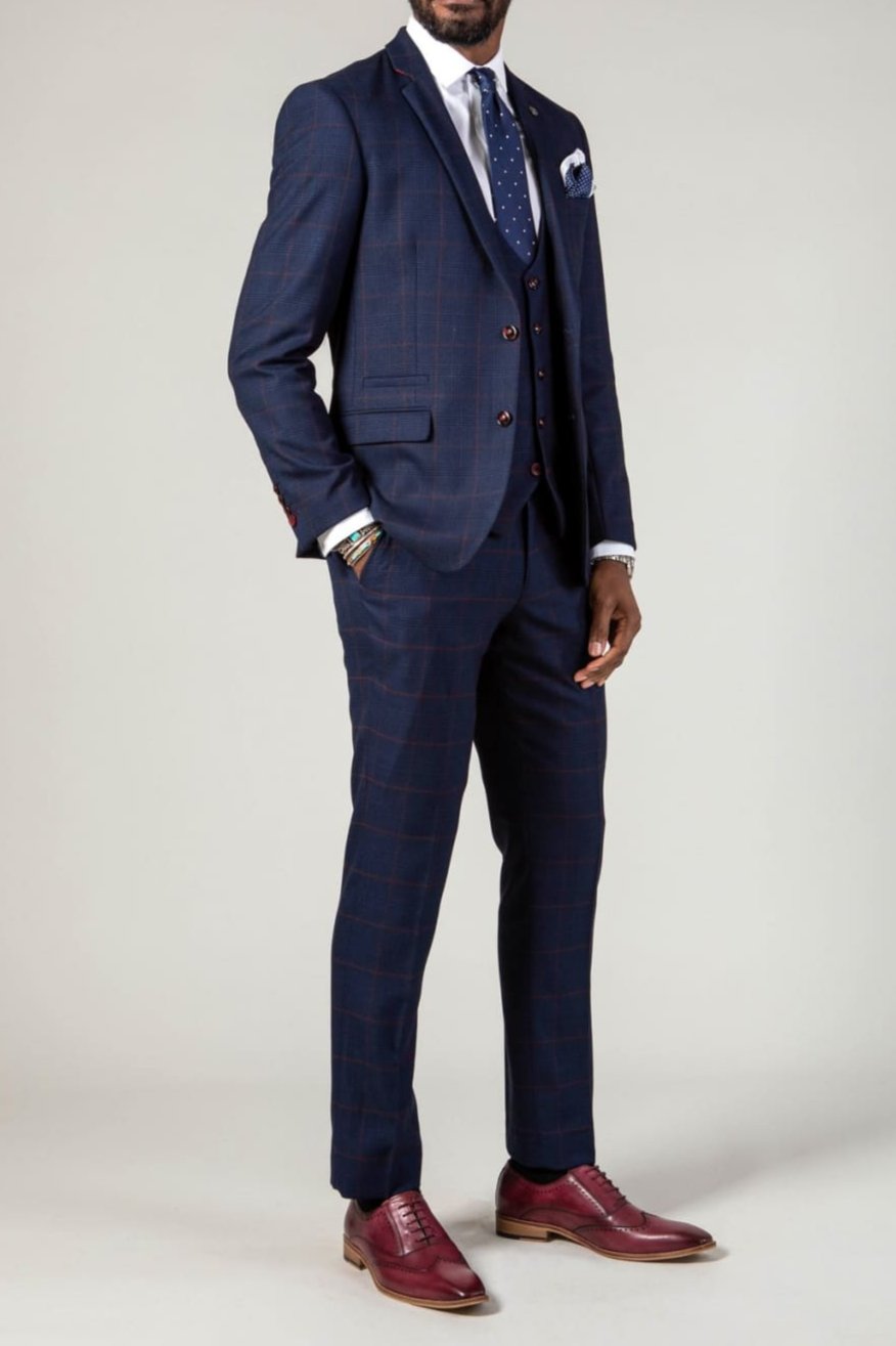 Marc Darcy Edinson Navy Check Three Piece Suit for Men - Premium Wool Blend Business Formal Attire - Perfect for Weddings, Office Meetings & Special Occasions