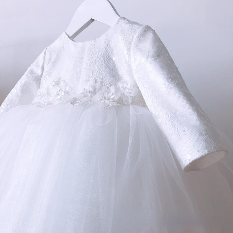 Baby Girl Christening Dress - Long Sleeve Lace Princess Gown with Bow for Baptism & Special Occasions