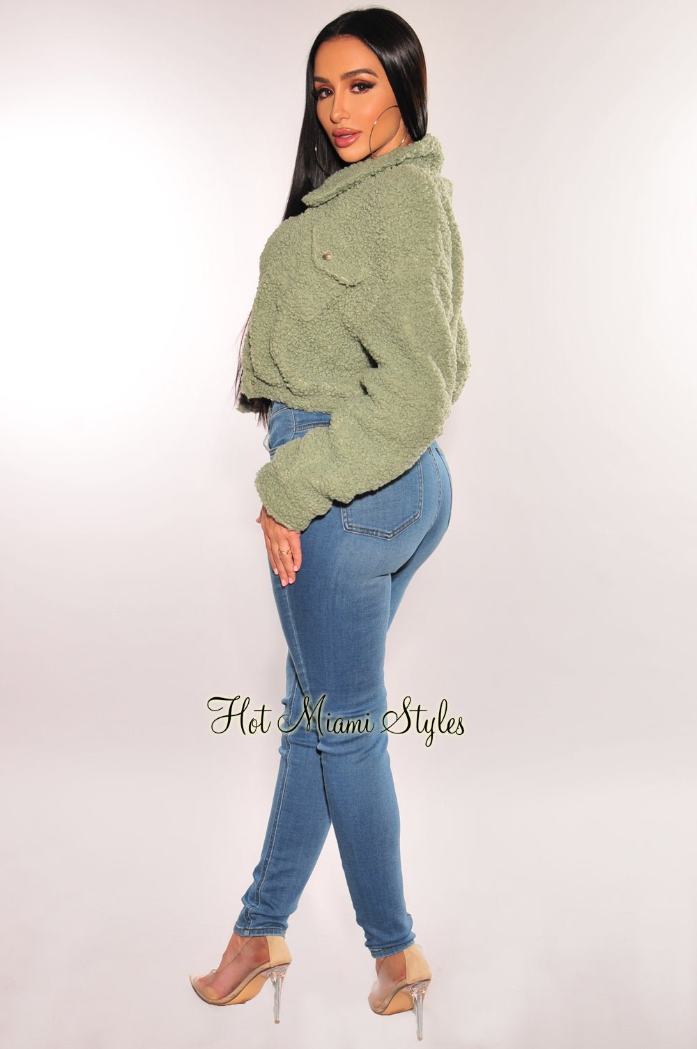 Sage Teddy Collared Long Sleeve Cropped Jacket for Women - Soft Fleece Outerwear for Fall & Winter - Perfect for Casual Outfits, Date Nights and Layering
