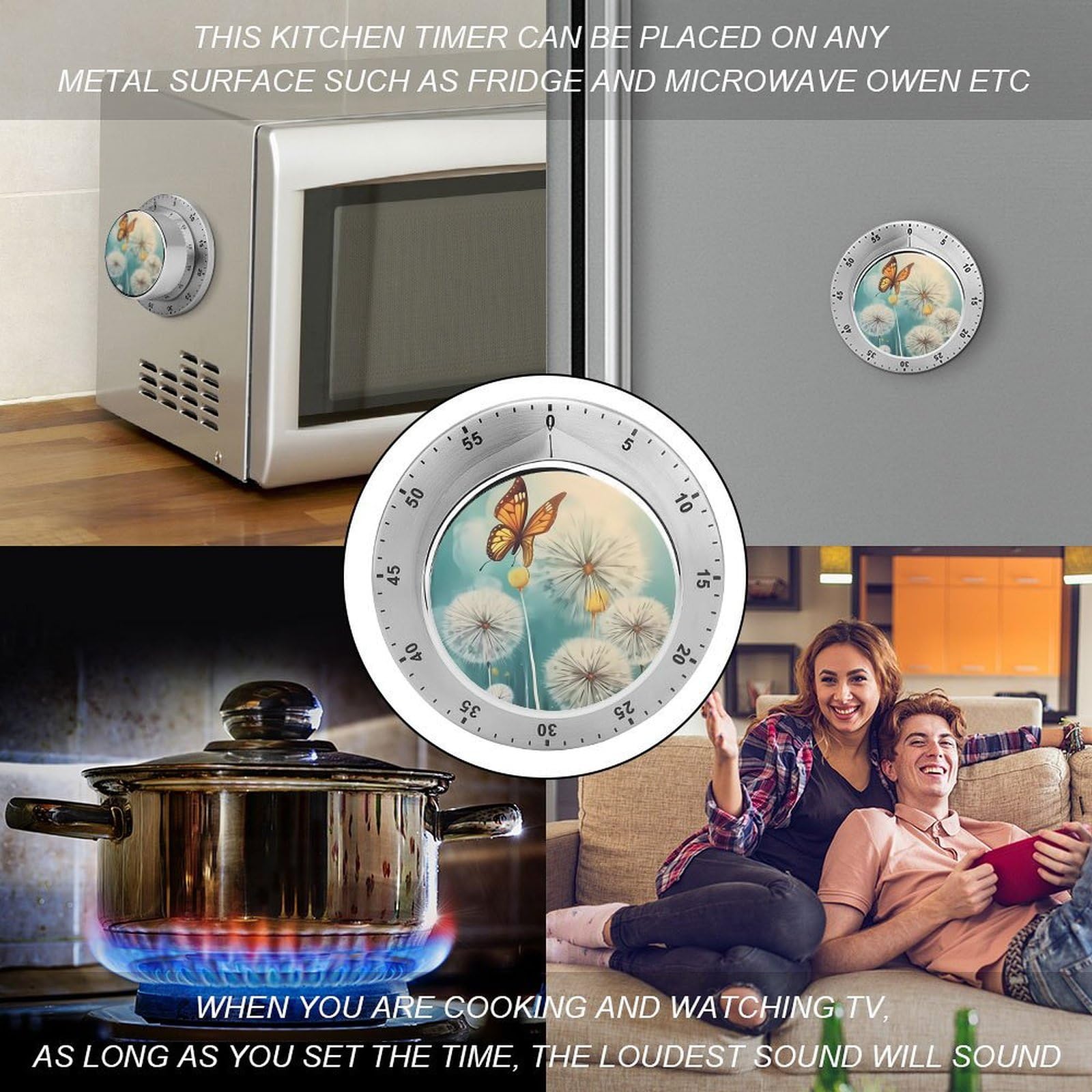 60 Minute Mechanical Timer for Kids & Adults - Dandelion Butterfly Design Kitchen Timer for Time Management, Learning, Cooking & Workouts | Perfect for Classrooms, Home & Office Use