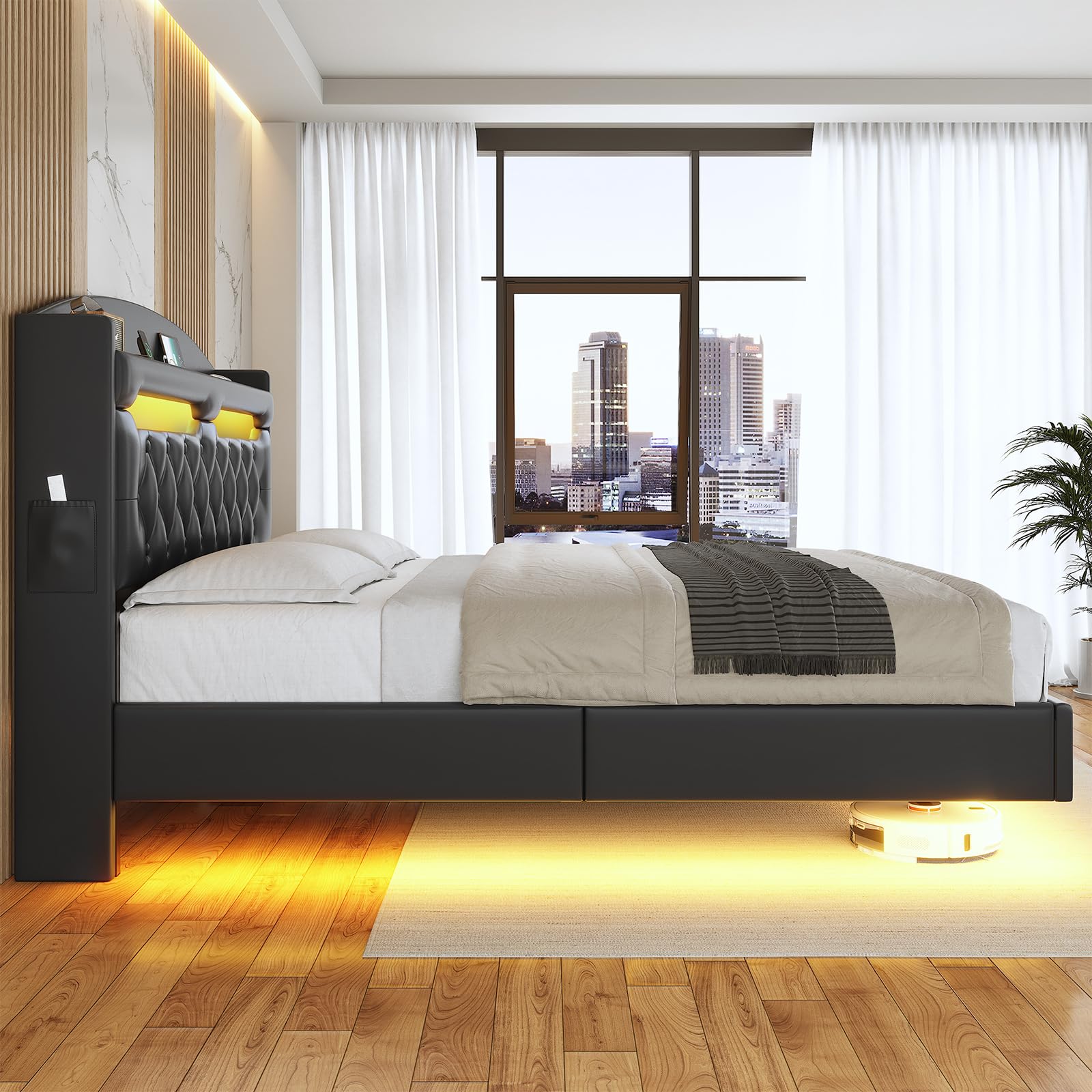 ADORNEVE Full Size Floating Bed Frame with Hidden Storage Headboard & LED Lights - Upholstered Leather Platform Bed with USB Charging Station, No Box Spring Needed (Black) - Perfect for Modern Bedrooms, Small Spaces & Luxury Home Decor