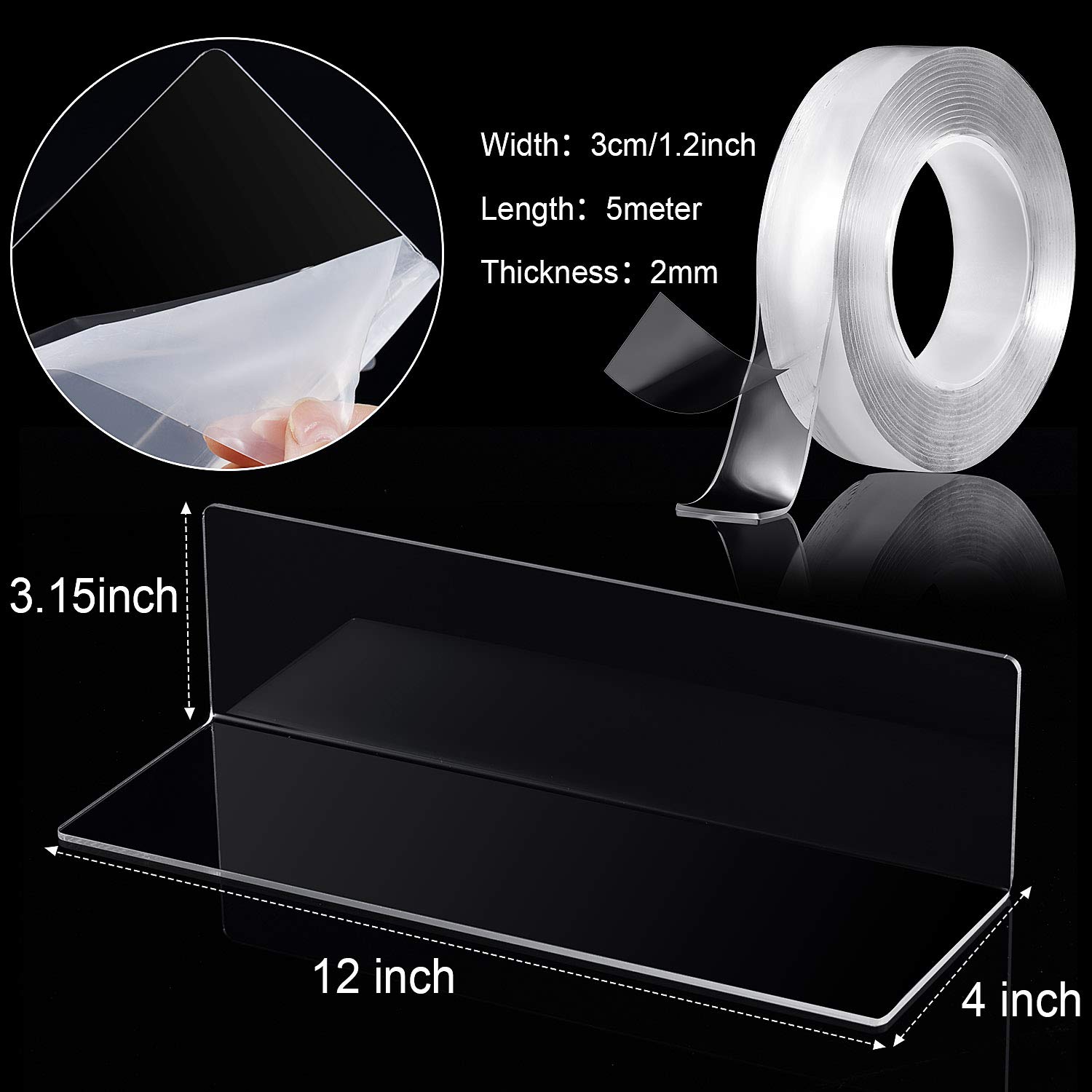 Jetec 8-Piece Clear Acrylic Floating Shelves Set - 12 Inch Wall Mounted Hanging Shelves for Books & Decor with 5M Nano Double-Sided Tape - Perfect for Bedroom, Living Room, Bathroom, Office & Gaming Room Organization