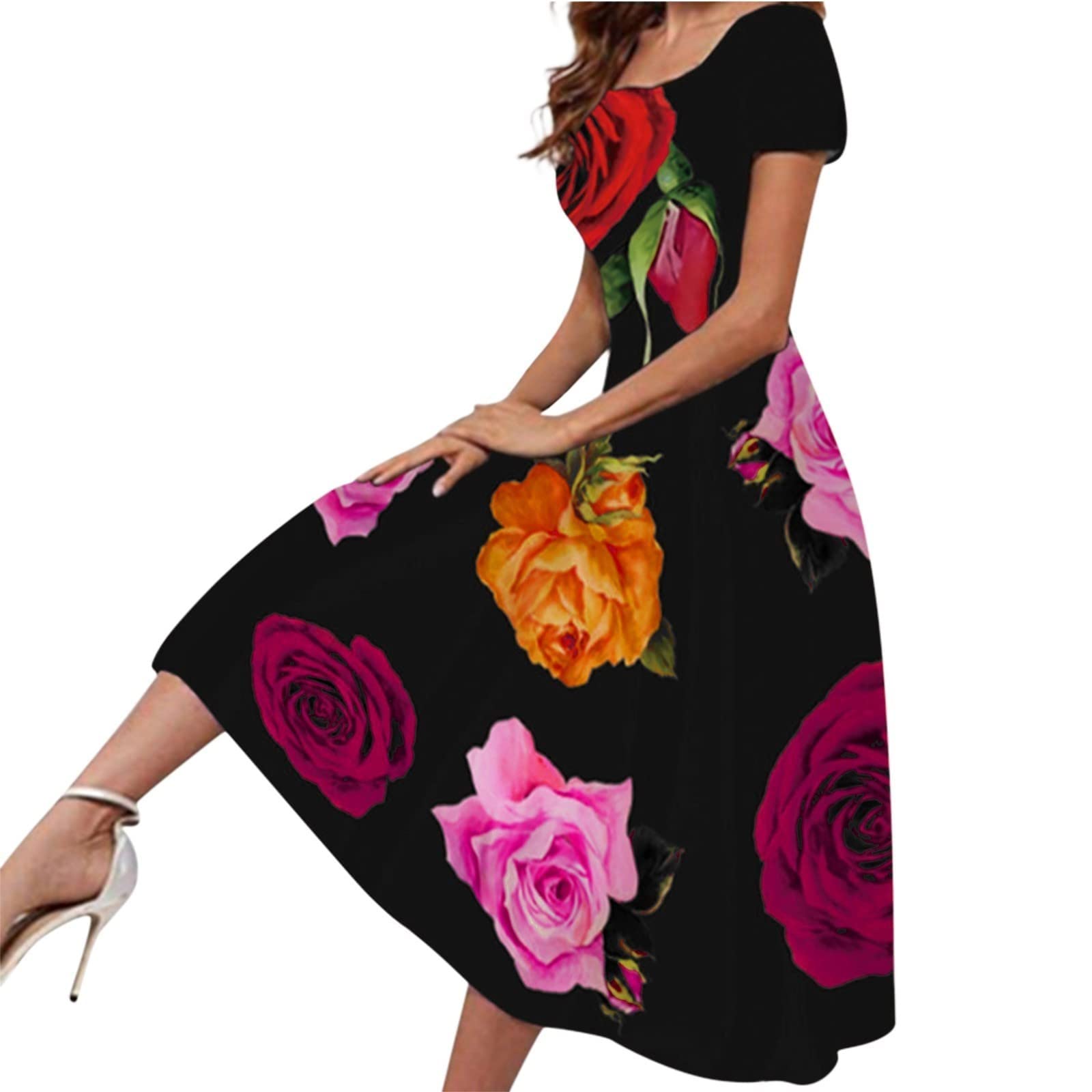 FAVIPT Women's Floral Print Short Sleeve Maxi Dress - Bohemian Summer Long Dress with Round Neck for Casual Wear, Beach Vacation, and Spring Outings